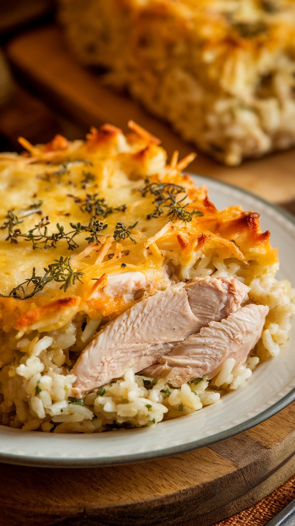 A delicious chicken and rice casserole served on a plate.