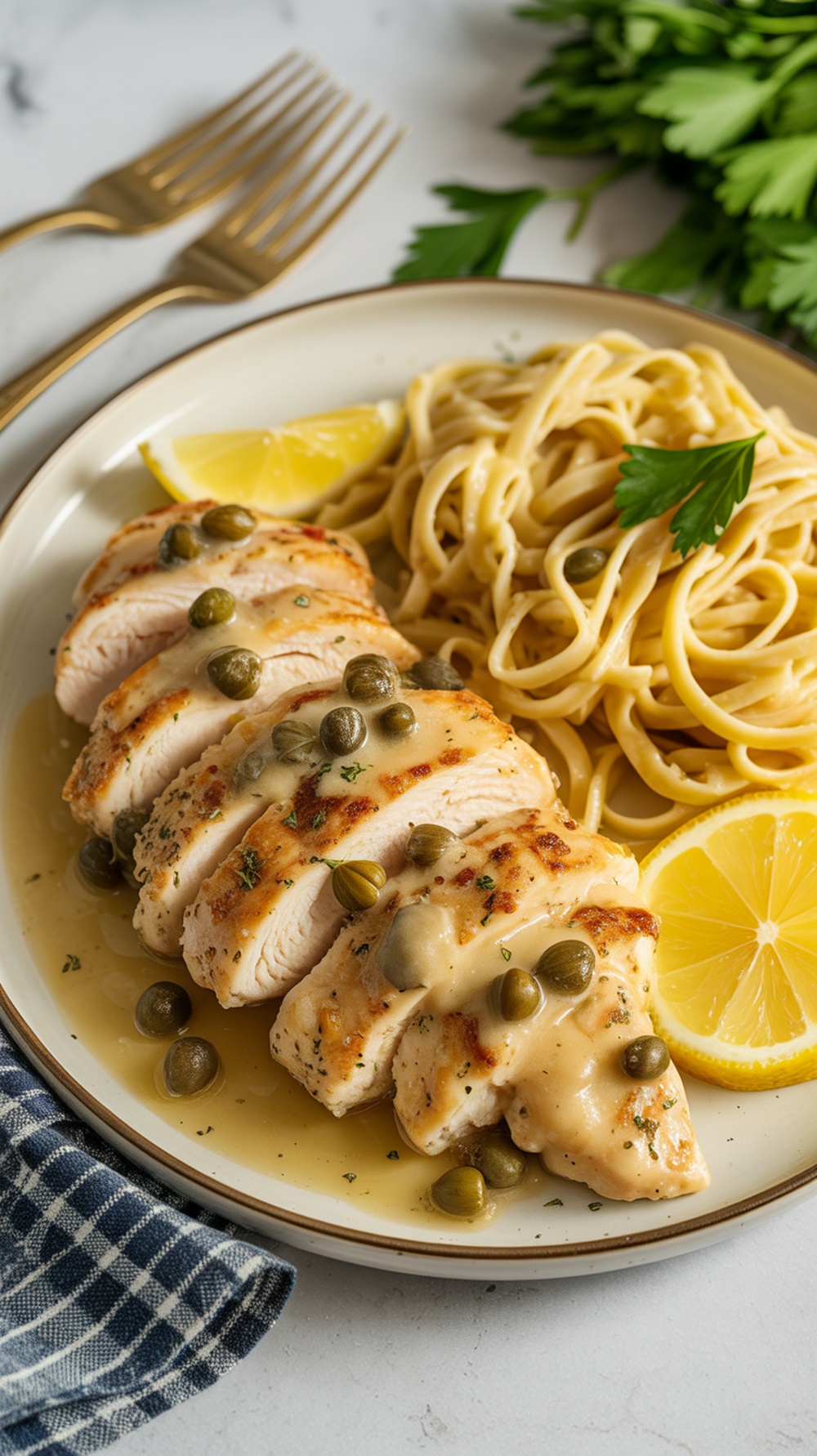 Plate of Chicken Piccata with capers and pasta