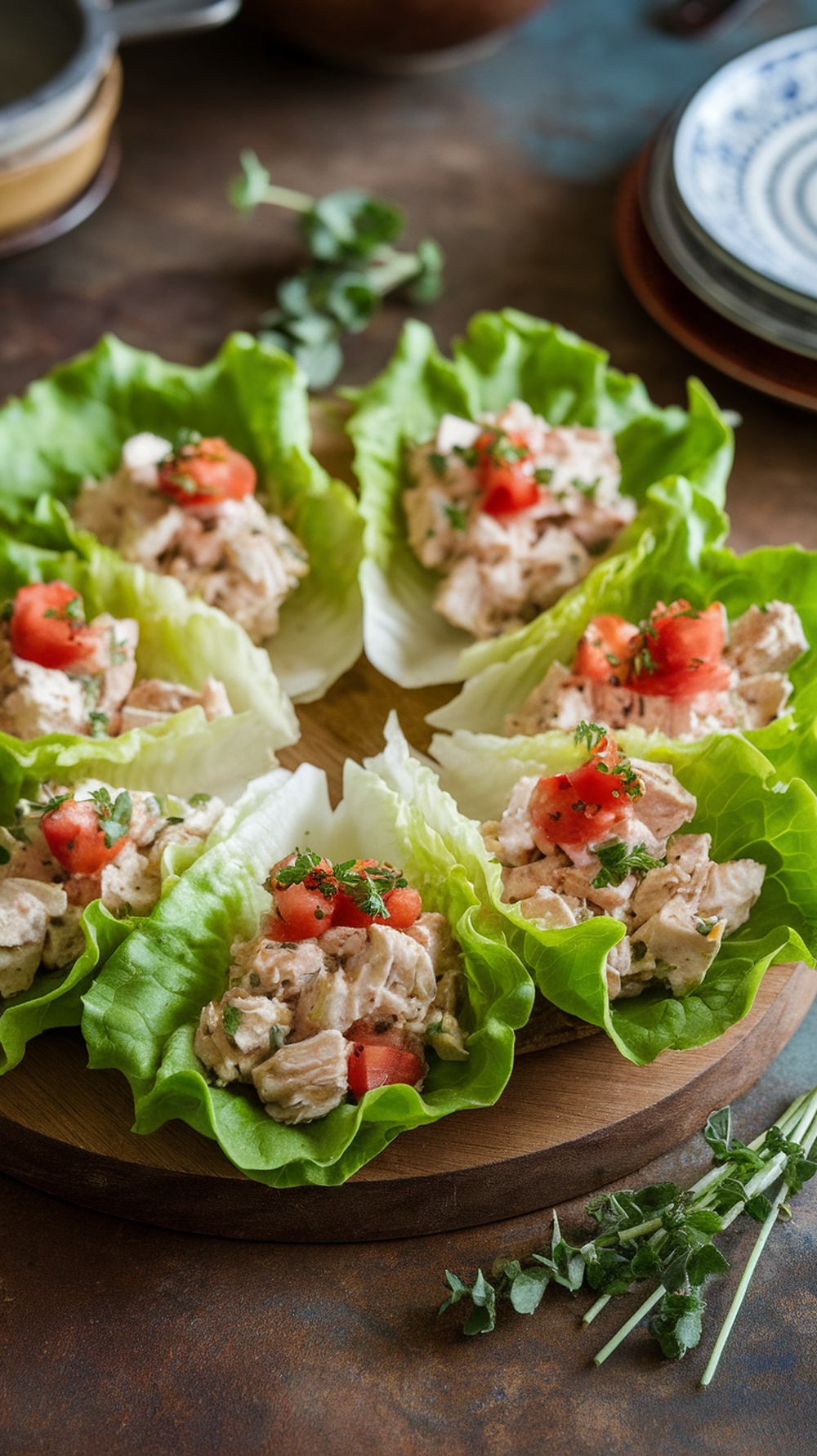 Chicken salad lettuce wraps with diced tomatoes and herbs on a wooden platter.