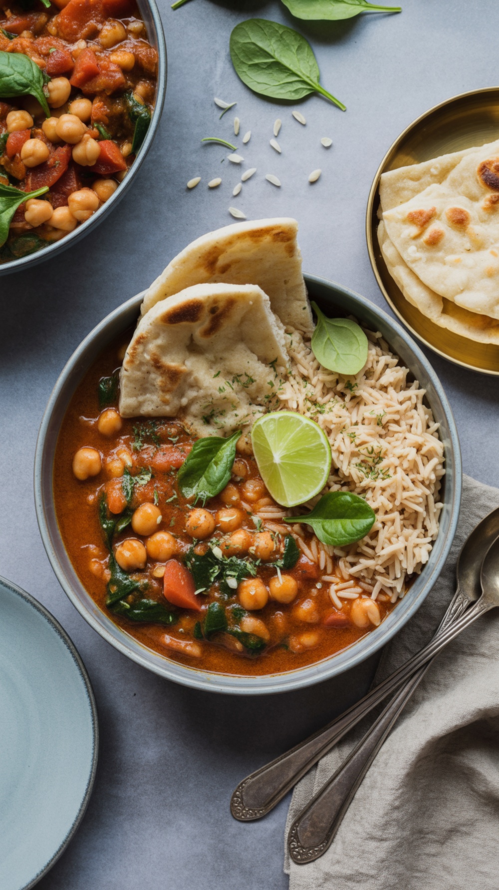 A bowl of chickpea and spinach curry served with rice and naan bread.