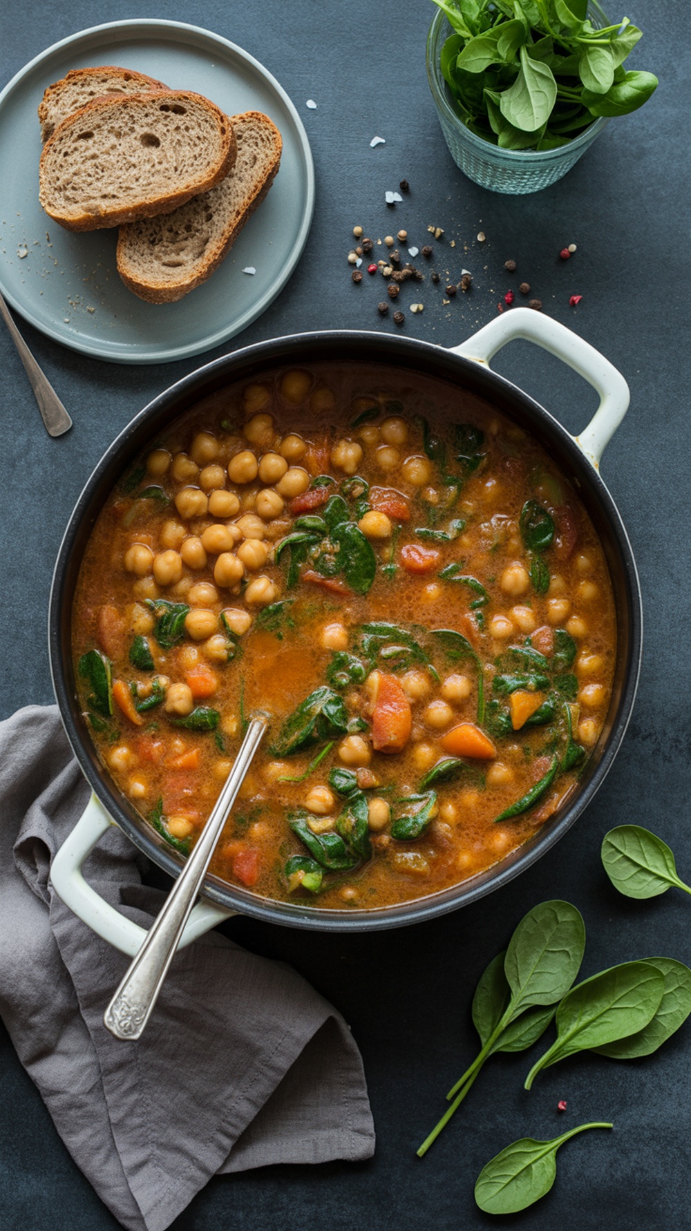 A bowl of chickpea and spinach stew with slices of bread on the side.
