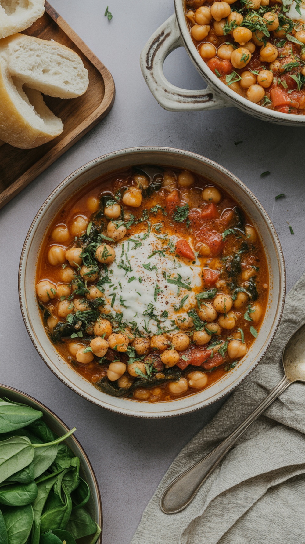 A bowl of chickpea and spinach stew with bread on the side.