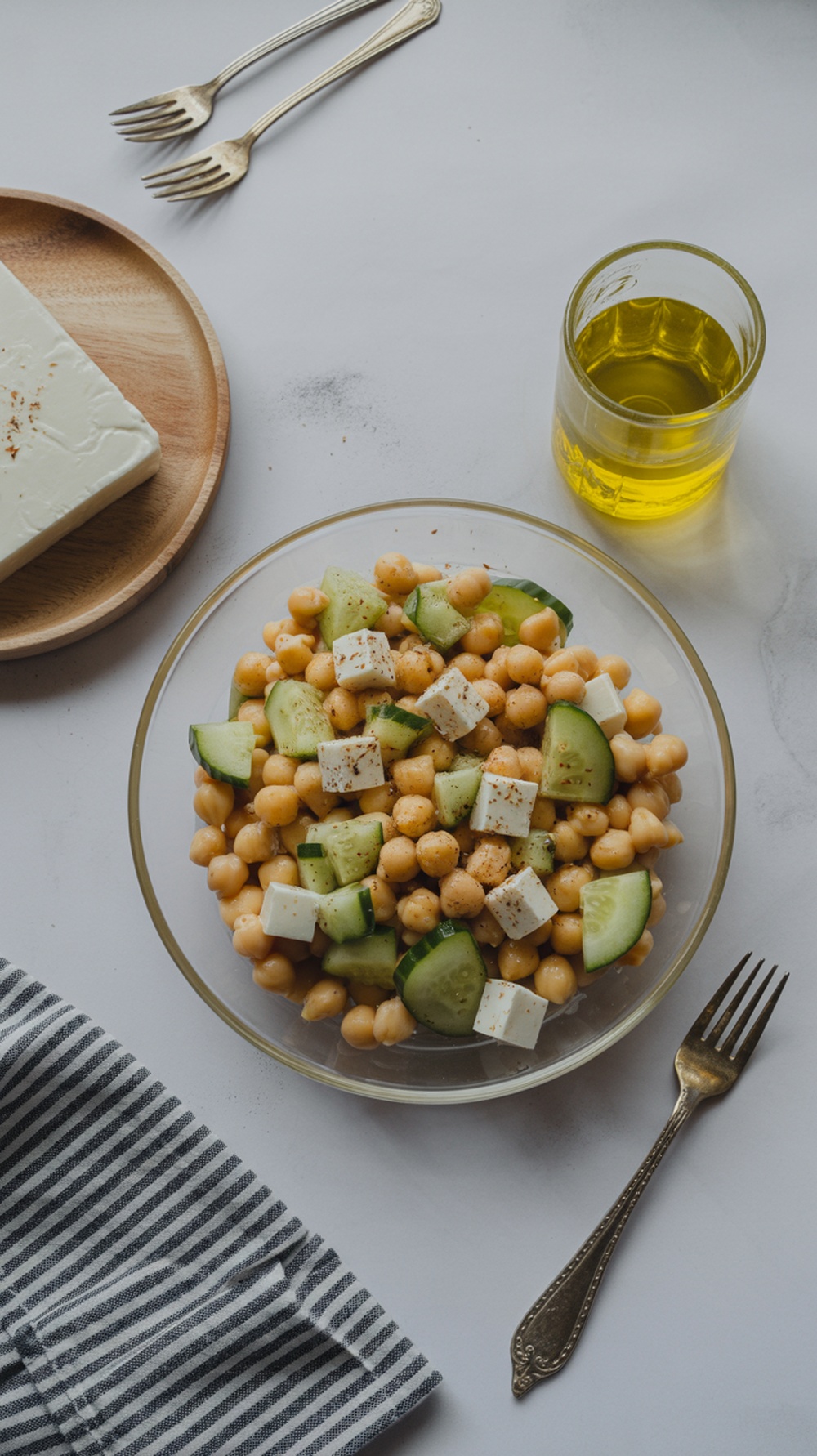Chickpea salad with feta, cucumber, and olive oil
