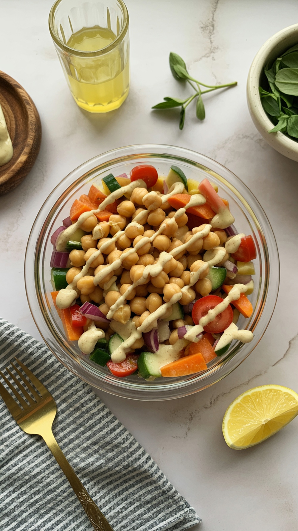 A vibrant chickpea salad with colorful vegetables and a drizzle of lemon-tahini dressing.