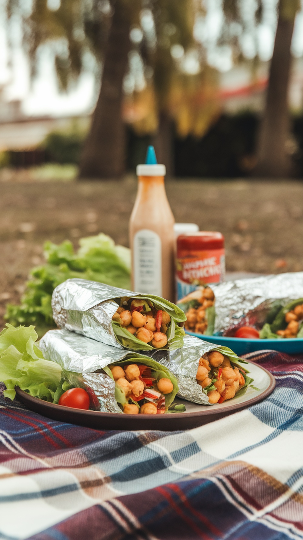 Chickpea salad wraps on a picnic blanket with fresh ingredients.