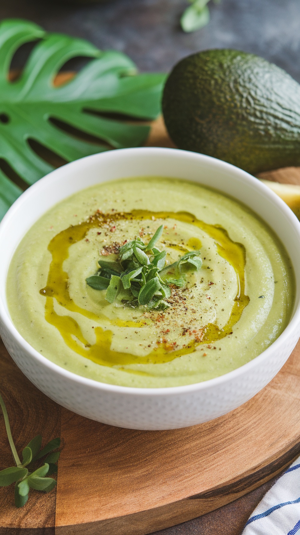A bowl of chilled avocado and cucumber soup garnished with olive oil and herbs.