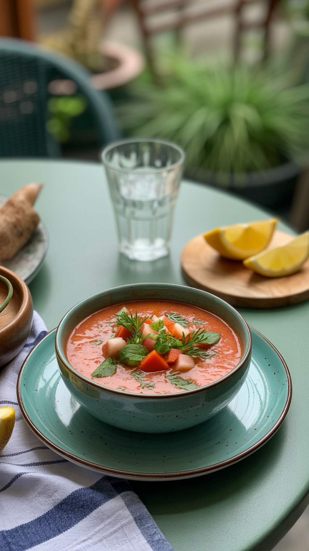 A bowl of chilled gazpacho topped with diced vegetables, sitting on a green table with lemon slices and a glass of water in the background.