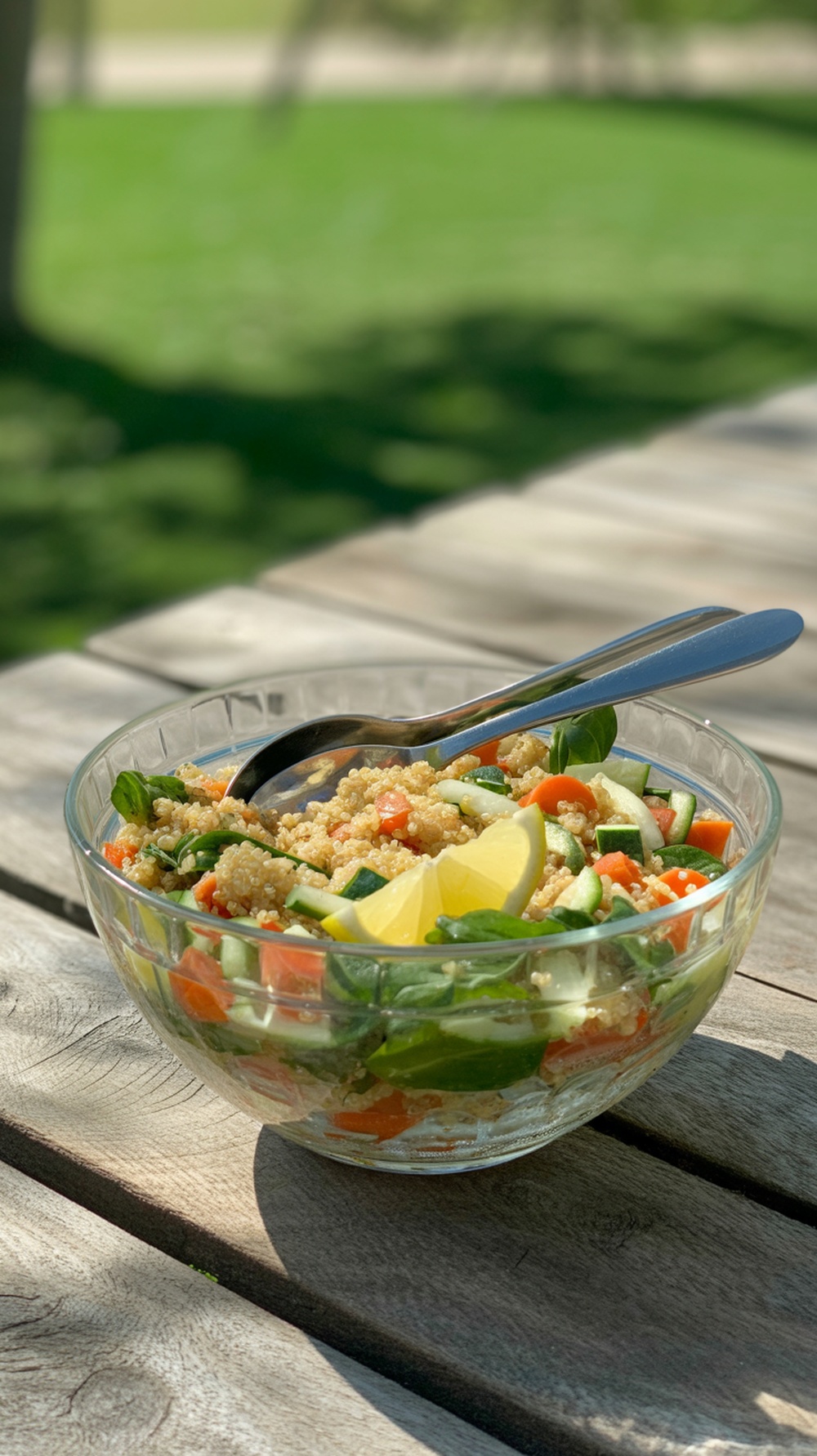 Chilled quinoa salad with mixed vegetables and lemon wedges