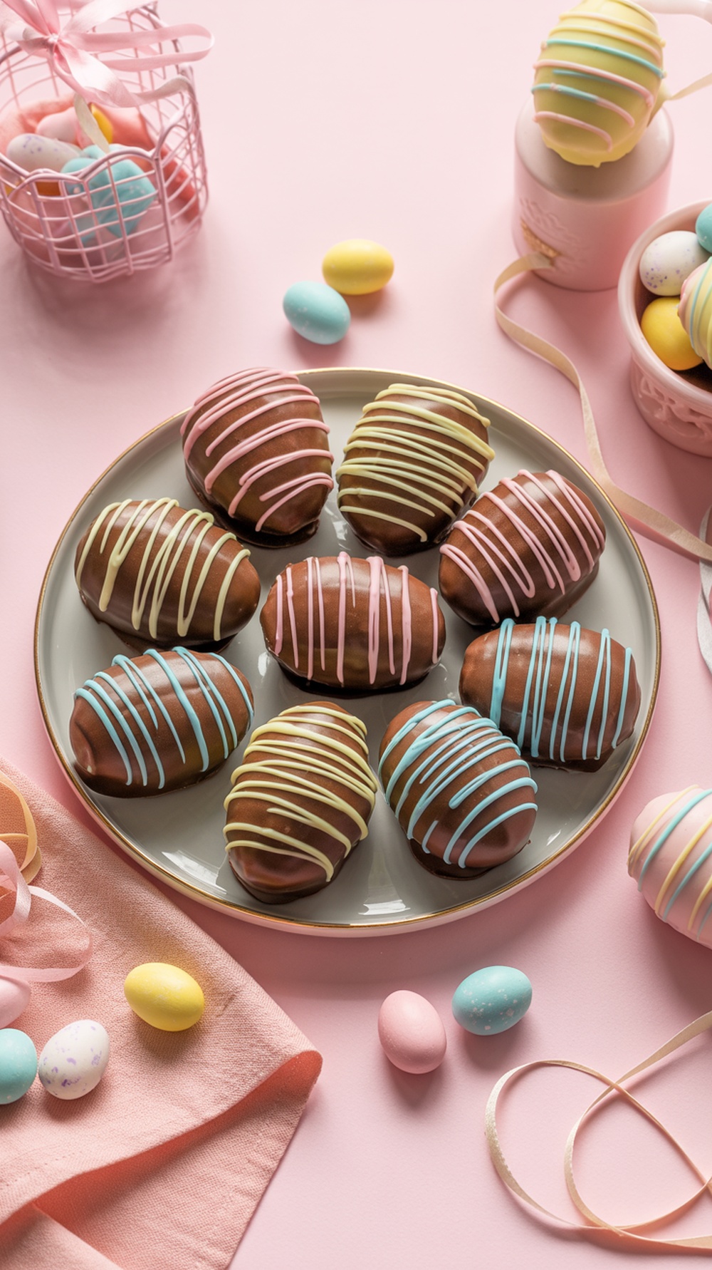 Plate of chocolate-covered pretzel eggs with colorful drizzle and small Easter eggs