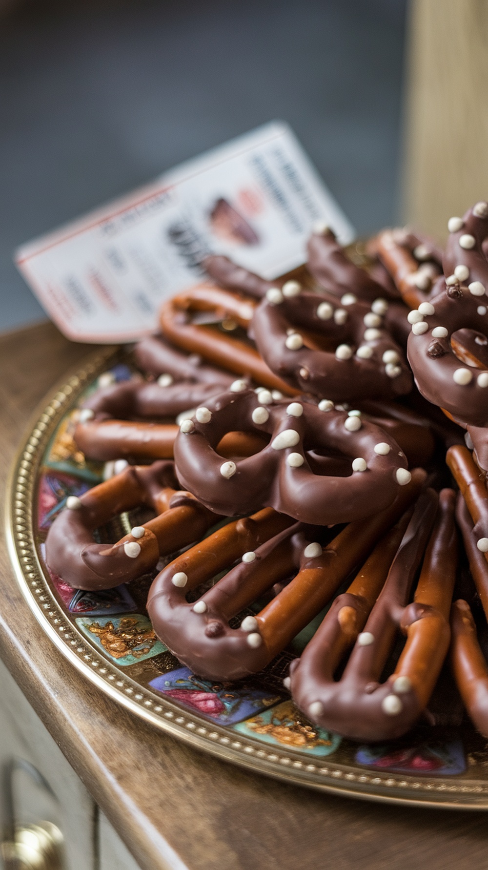 A platter of chocolate-covered pretzels with sprinkles