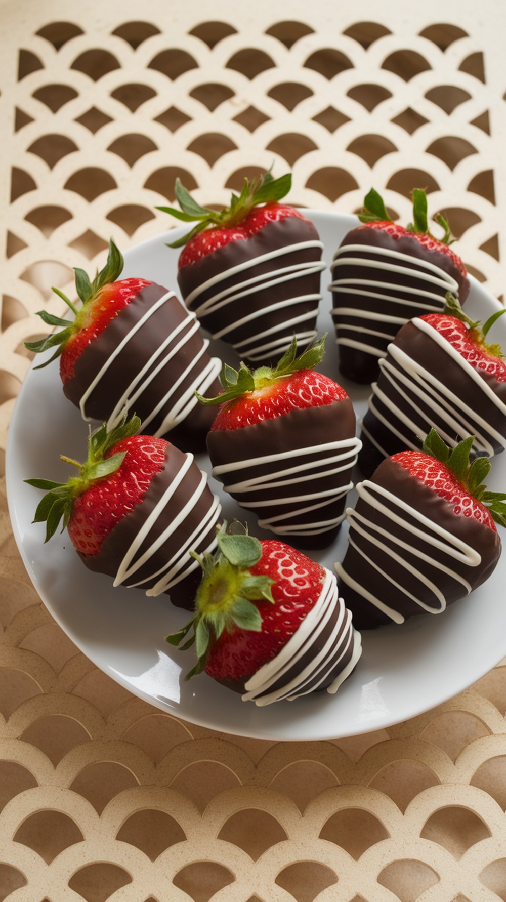 A plate of chocolate-dipped strawberries drizzled with white chocolate.