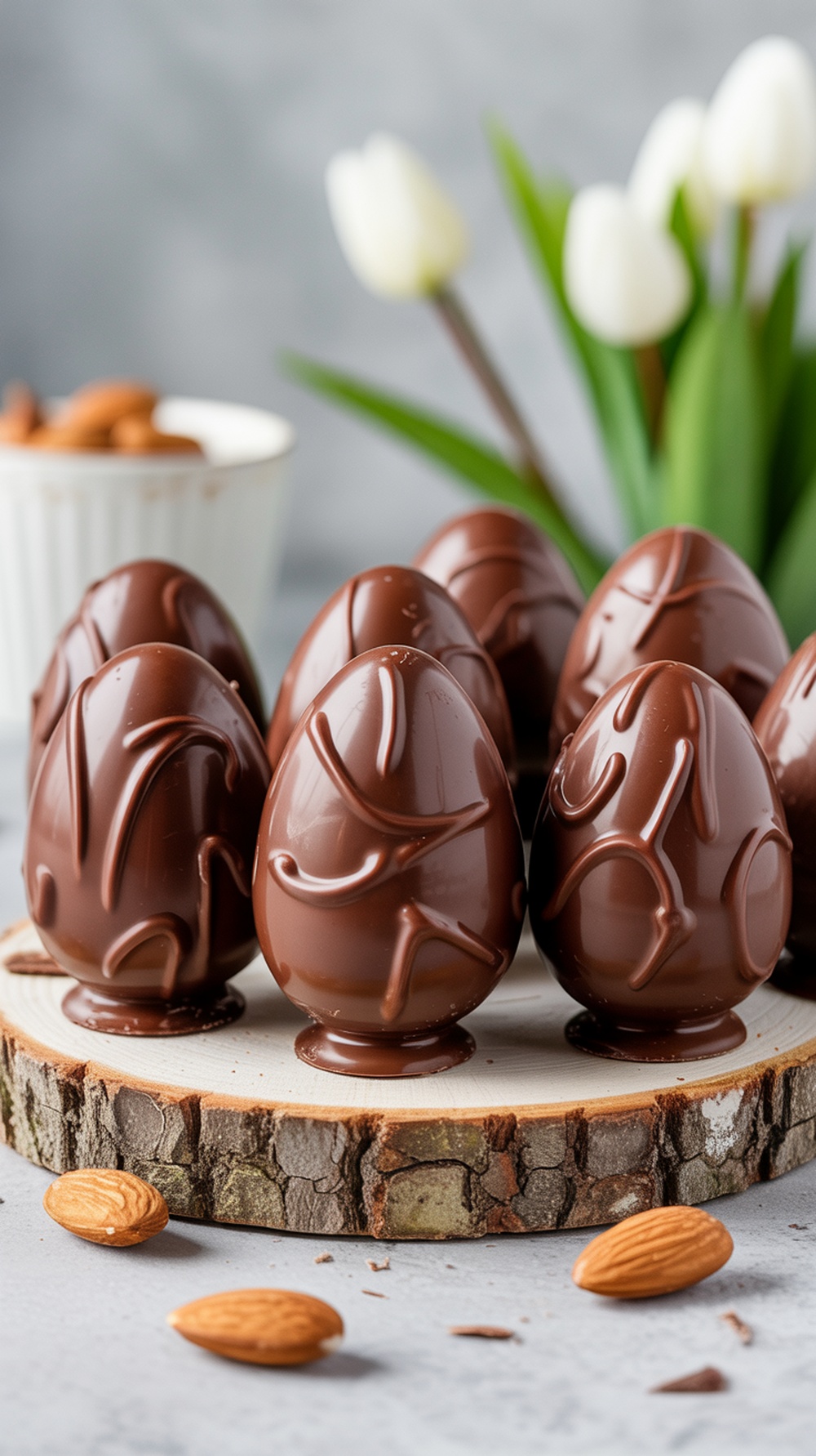 Chocolate almond joy eggs arranged on a wooden surface with almonds and flowers.