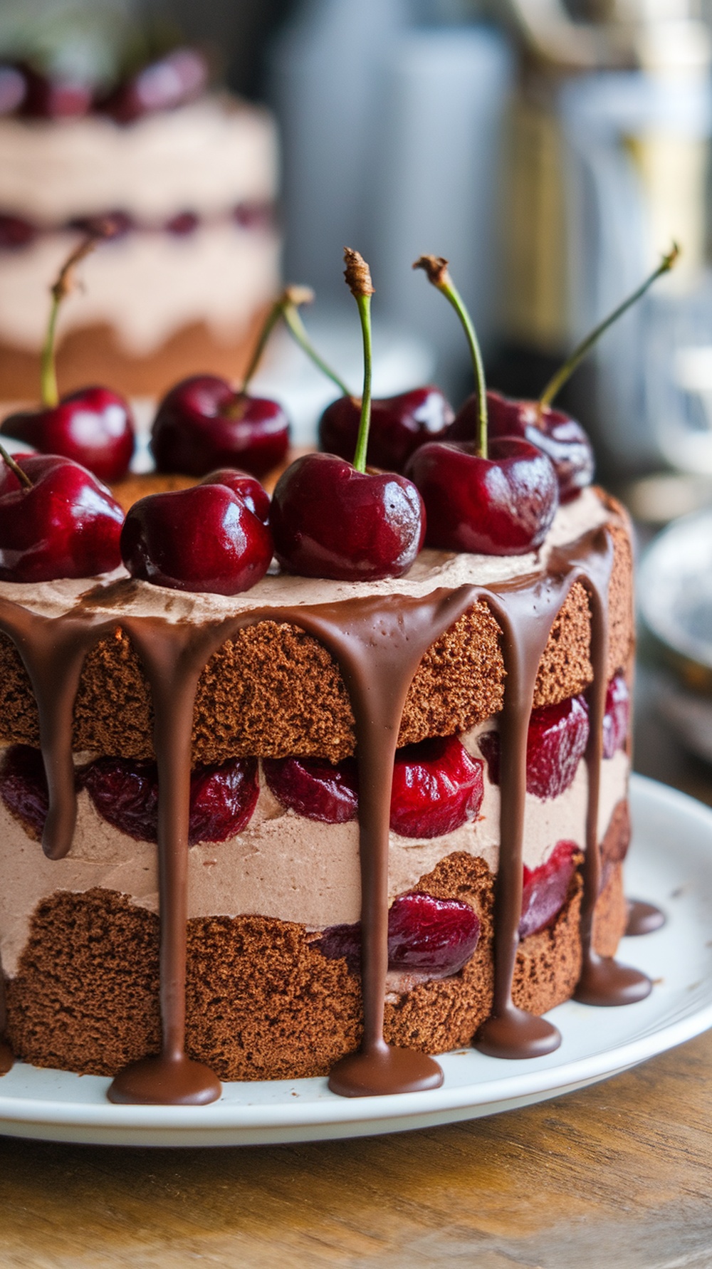 A delicious chocolate cherry cake topped with cherries and chocolate sauce.