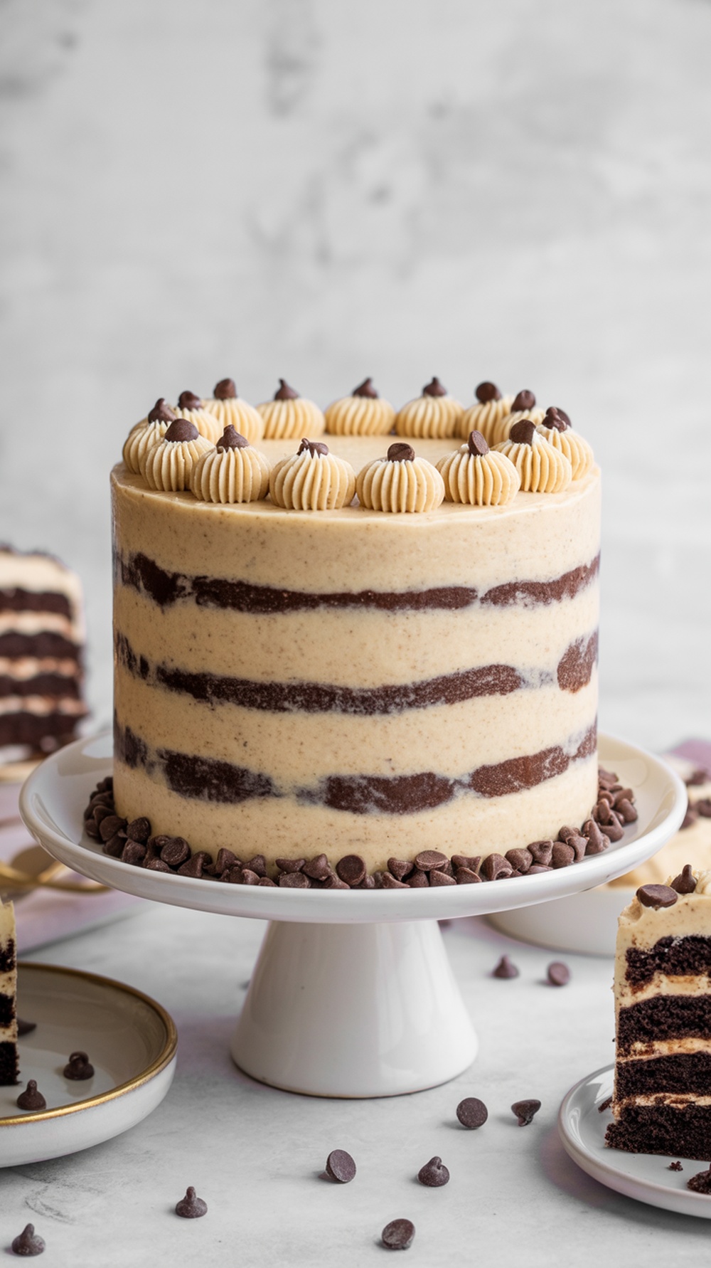 A beautifully layered Chocolate Chip Cookie Dough Cake with cookie dough frosting and chocolate chips on top.