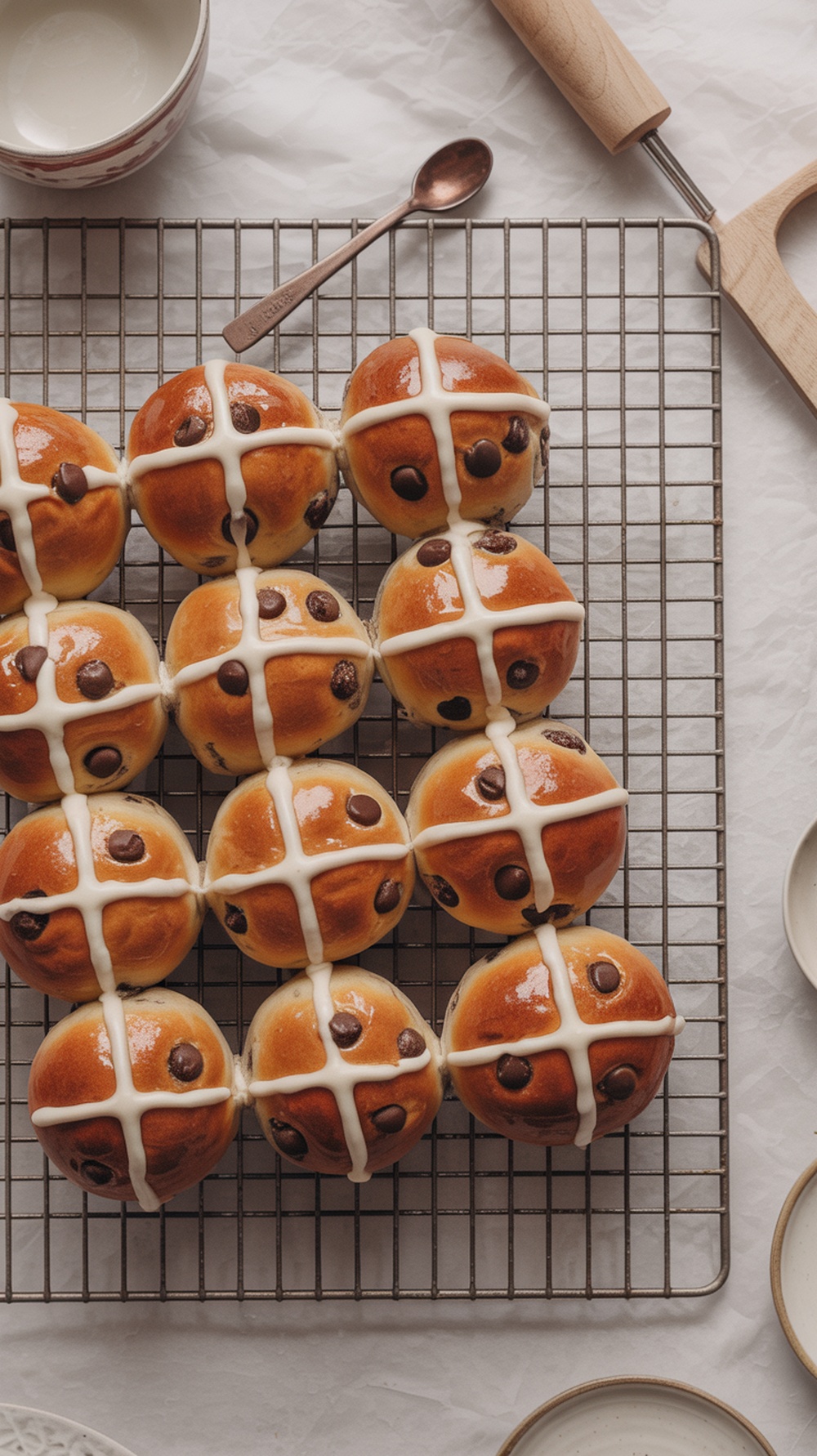 A batch of chocolate chip hot cross buns cooling on a wire rack.