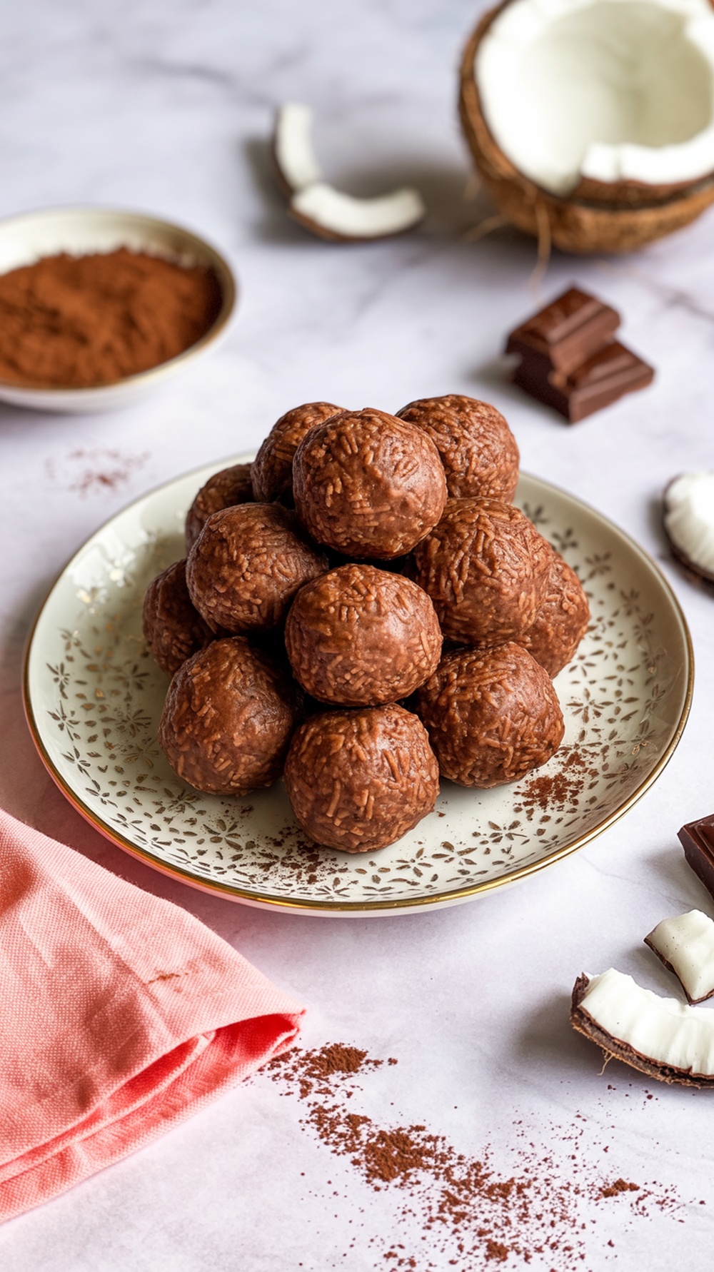 A plate of chocolate coconut protein balls with decorative details and surrounding ingredients.