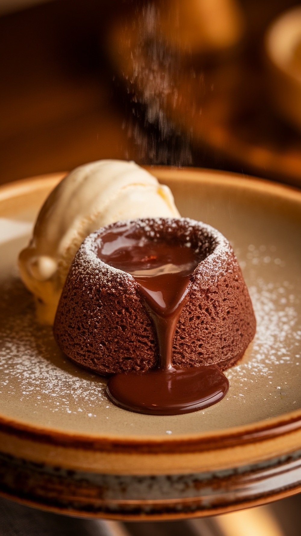 A delicious chocolate lava cake with a gooey center served alongside vanilla ice cream.
