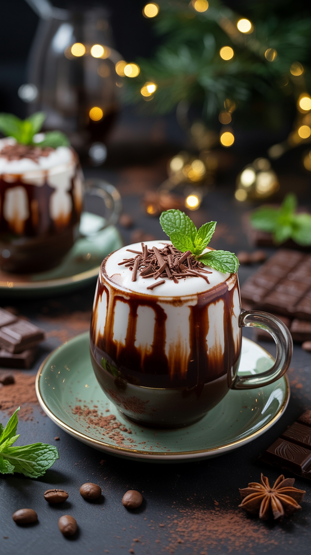 A cup of Chocolate Mint Coffee topped with whipped cream, chocolate shavings, and a mint leaf, surrounded by coffee beans and chocolate pieces.