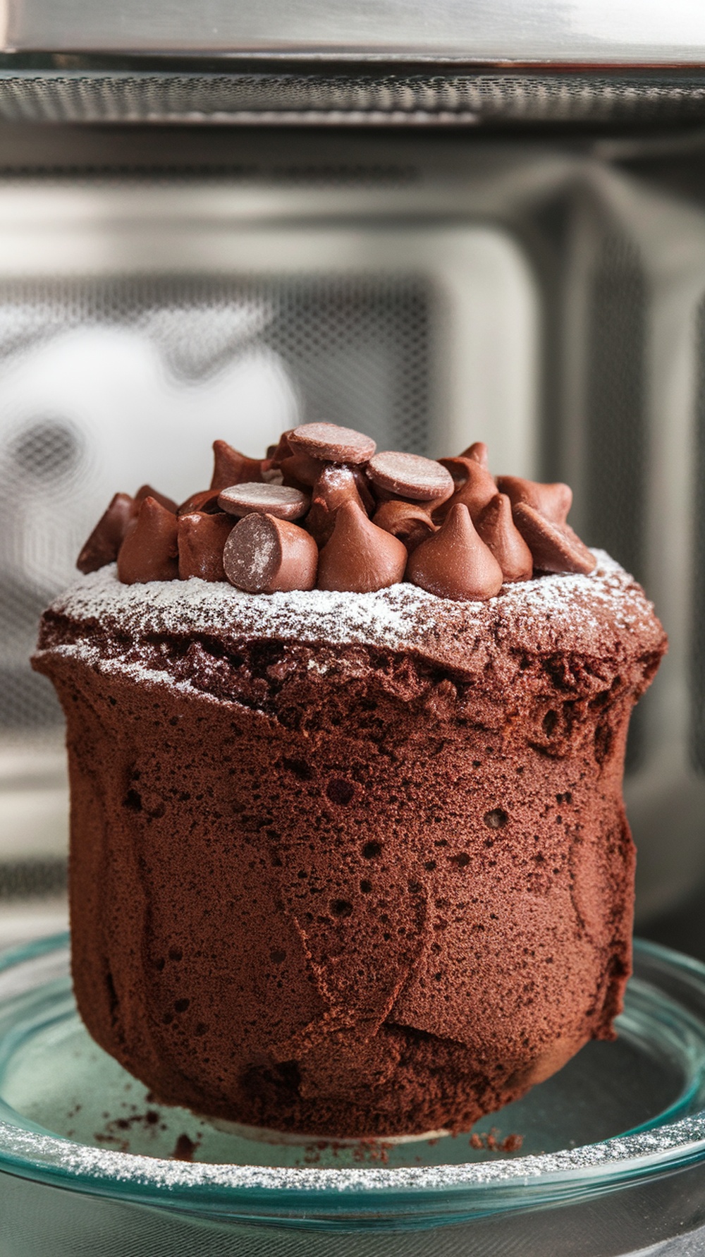 A delicious chocolate mug cake topped with chocolate chips, ready to be enjoyed.