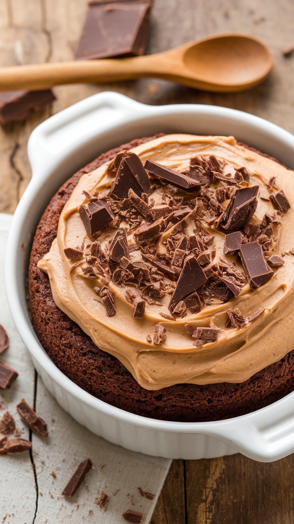 A delicious chocolate dump cake topped with peanut butter frosting and chocolate shavings.