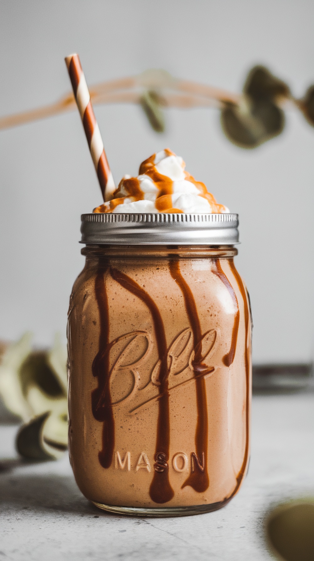 A delicious chocolate peanut butter coffee shake in a mason jar topped with whipped cream and chocolate drizzle.