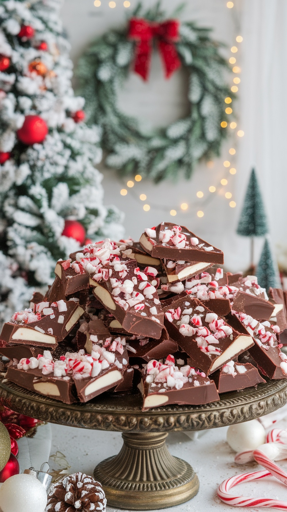 A festive display of chocolate peppermint bark topped with crushed peppermint on a decorative stand, surrounded by holiday decorations.