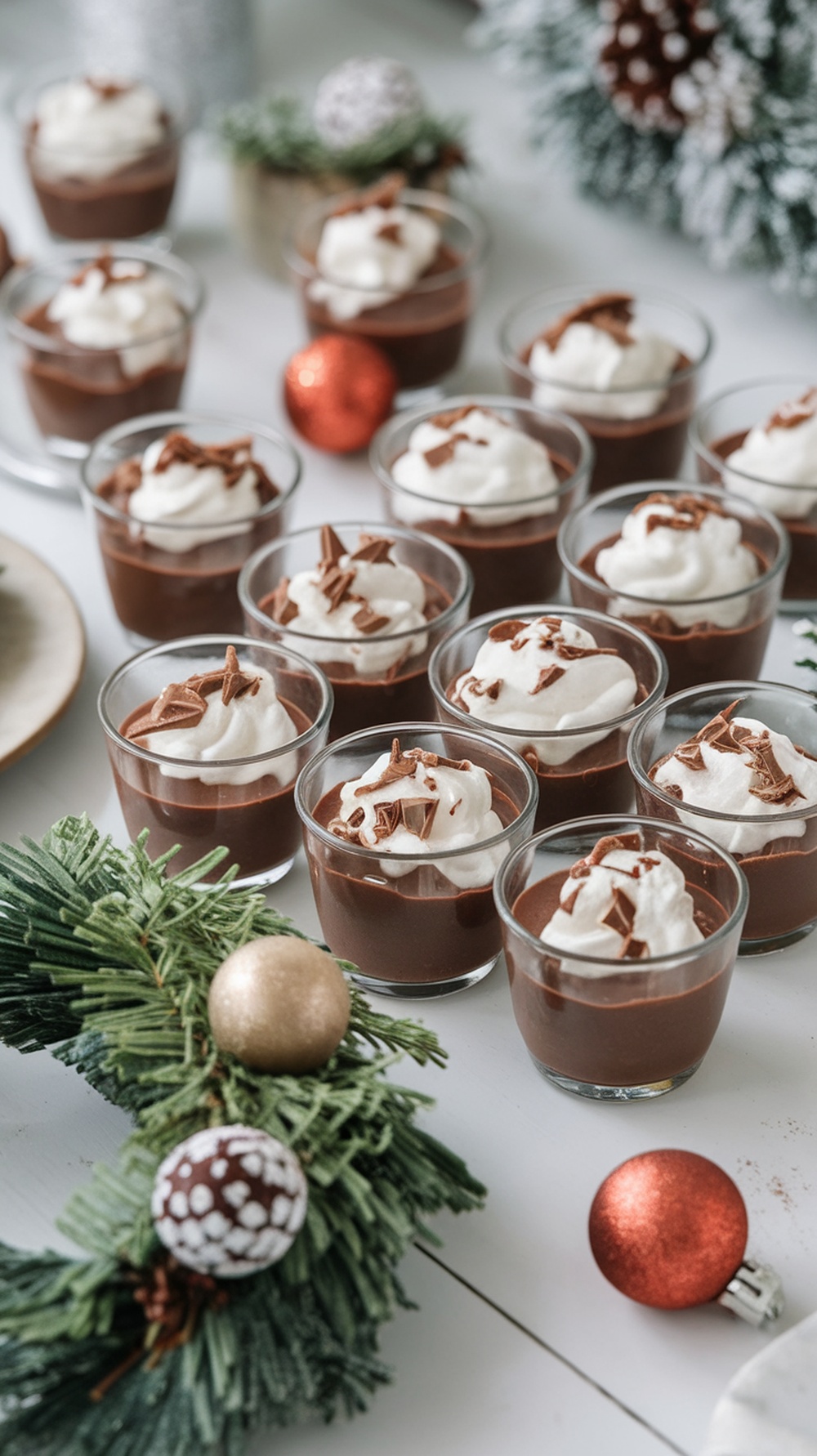 Chocolate pudding cups topped with whipped cream and chocolate shavings, surrounded by festive decorations.