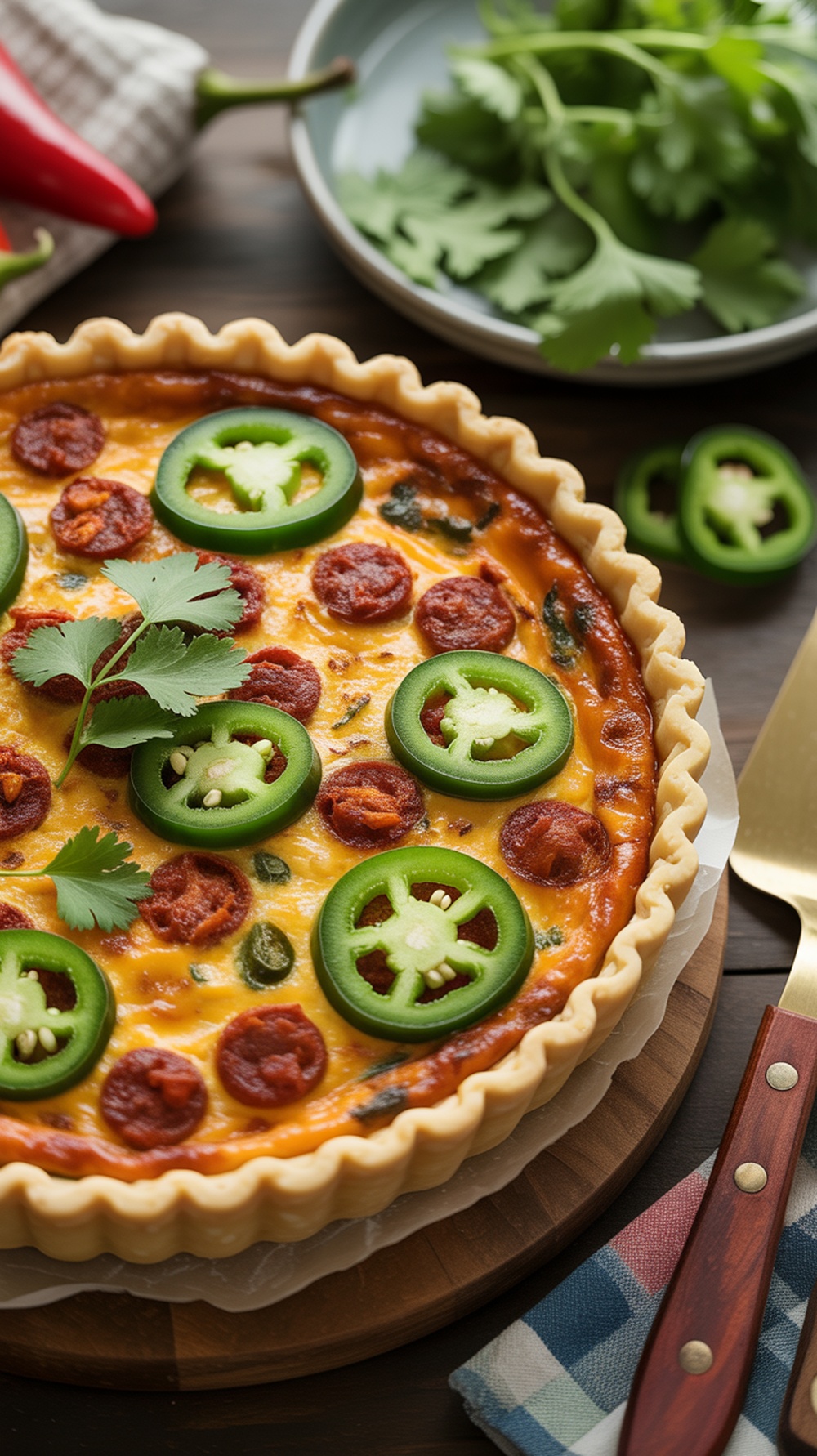Chorizo and Pepper Jack Quiche with jalapenos and cilantro on top