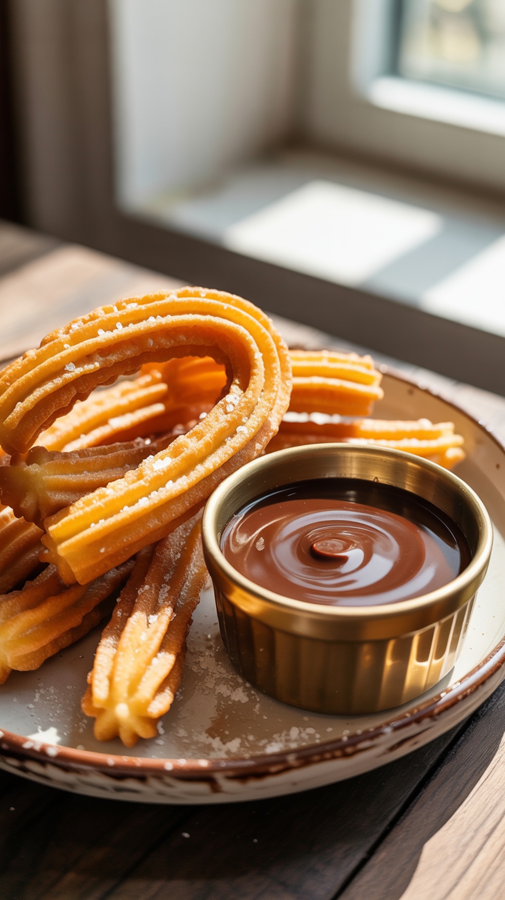 Delicious churros with chocolate dipping sauce on a plate