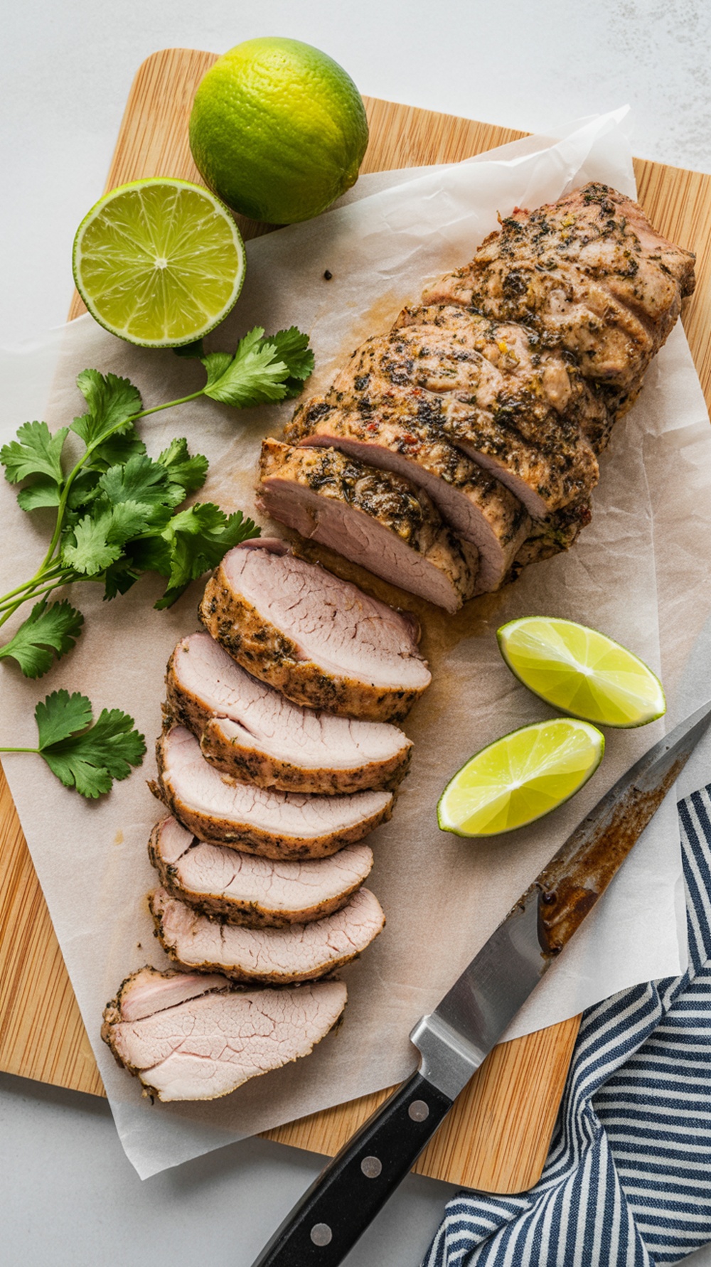 Cilantro Lime Grilled Pork Tenderloin with sliced lime and fresh cilantro