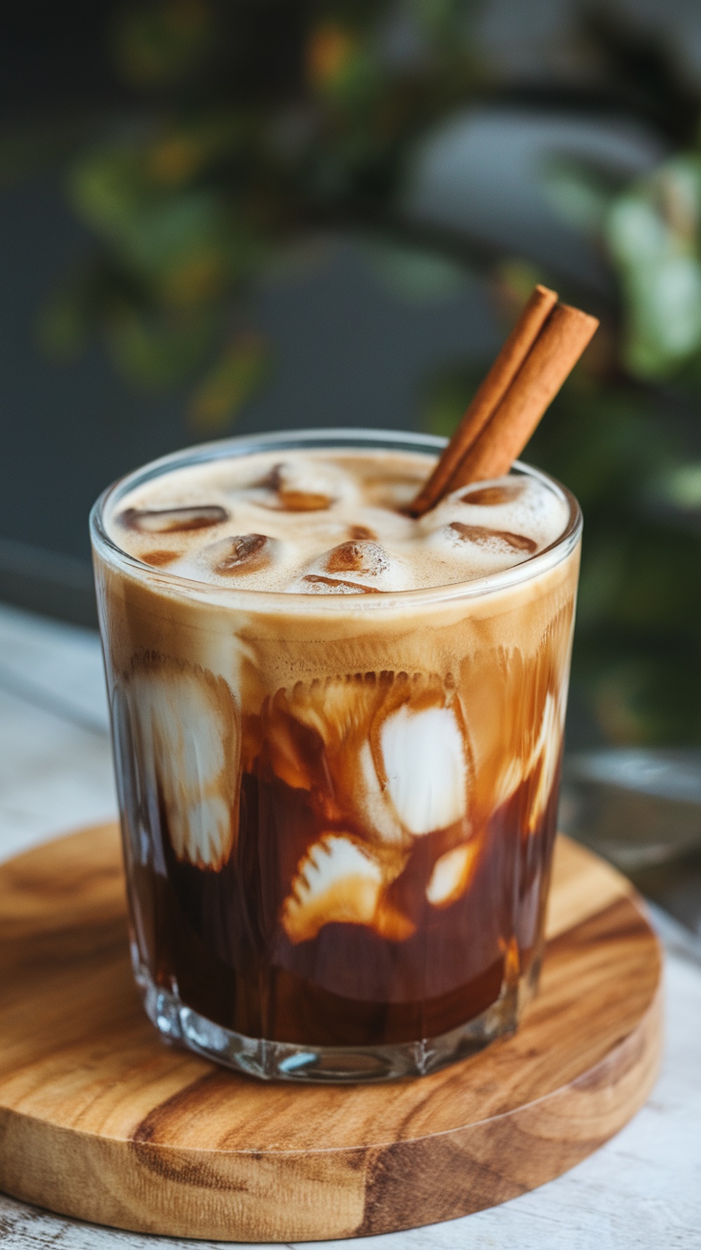 A glass of Cinnamon Maple Cold Brew with ice and cinnamon sticks