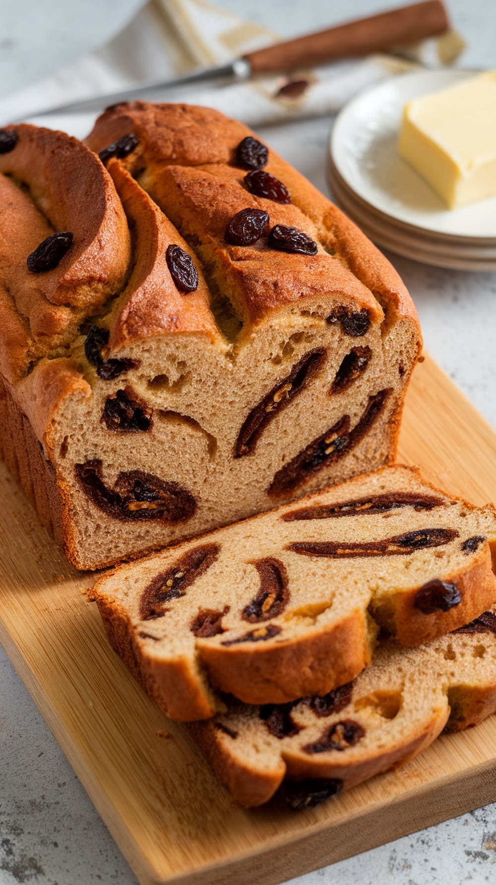 A loaf of cinnamon raisin bread sliced on a wooden board with raisins visible inside.