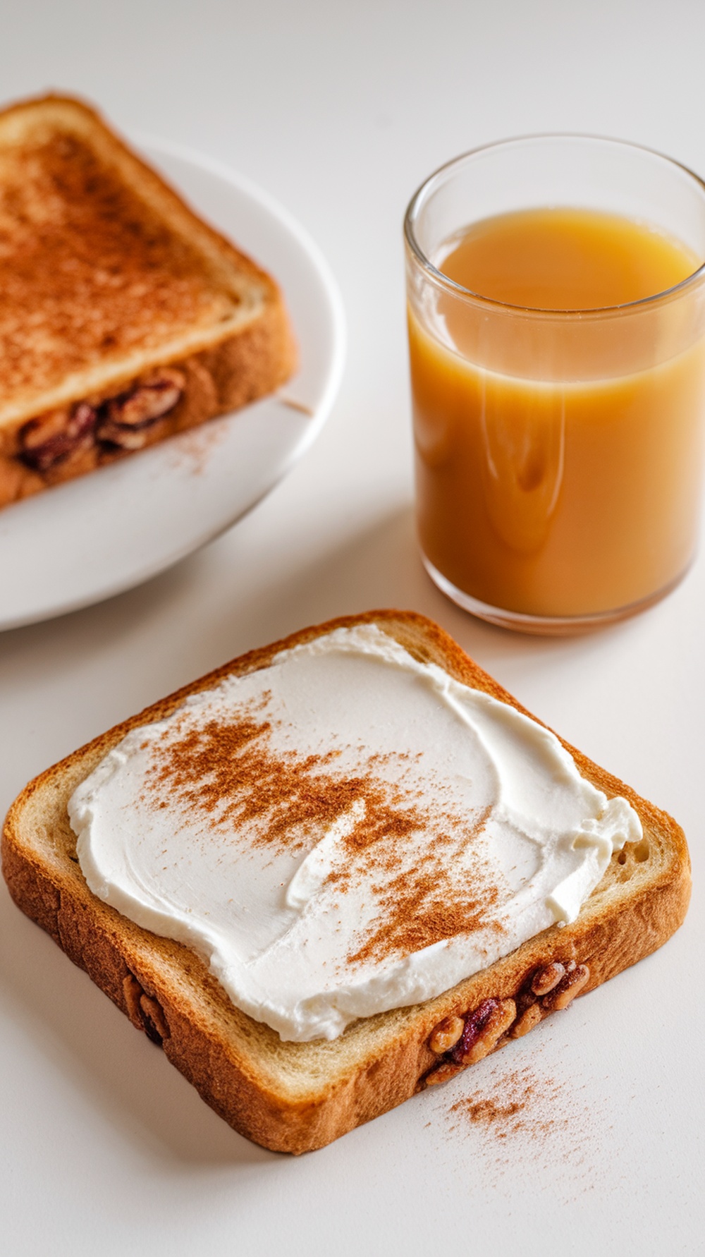 A slice of cinnamon raisin toast topped with cream cheese and sprinkled with cinnamon, alongside a glass of juice.