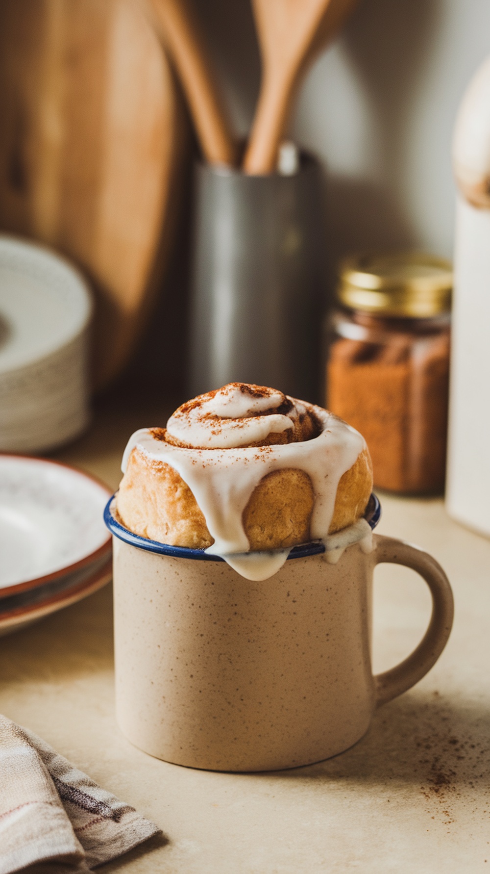 A delicious cinnamon roll in a mug topped with icing and a sprinkle of cinnamon.