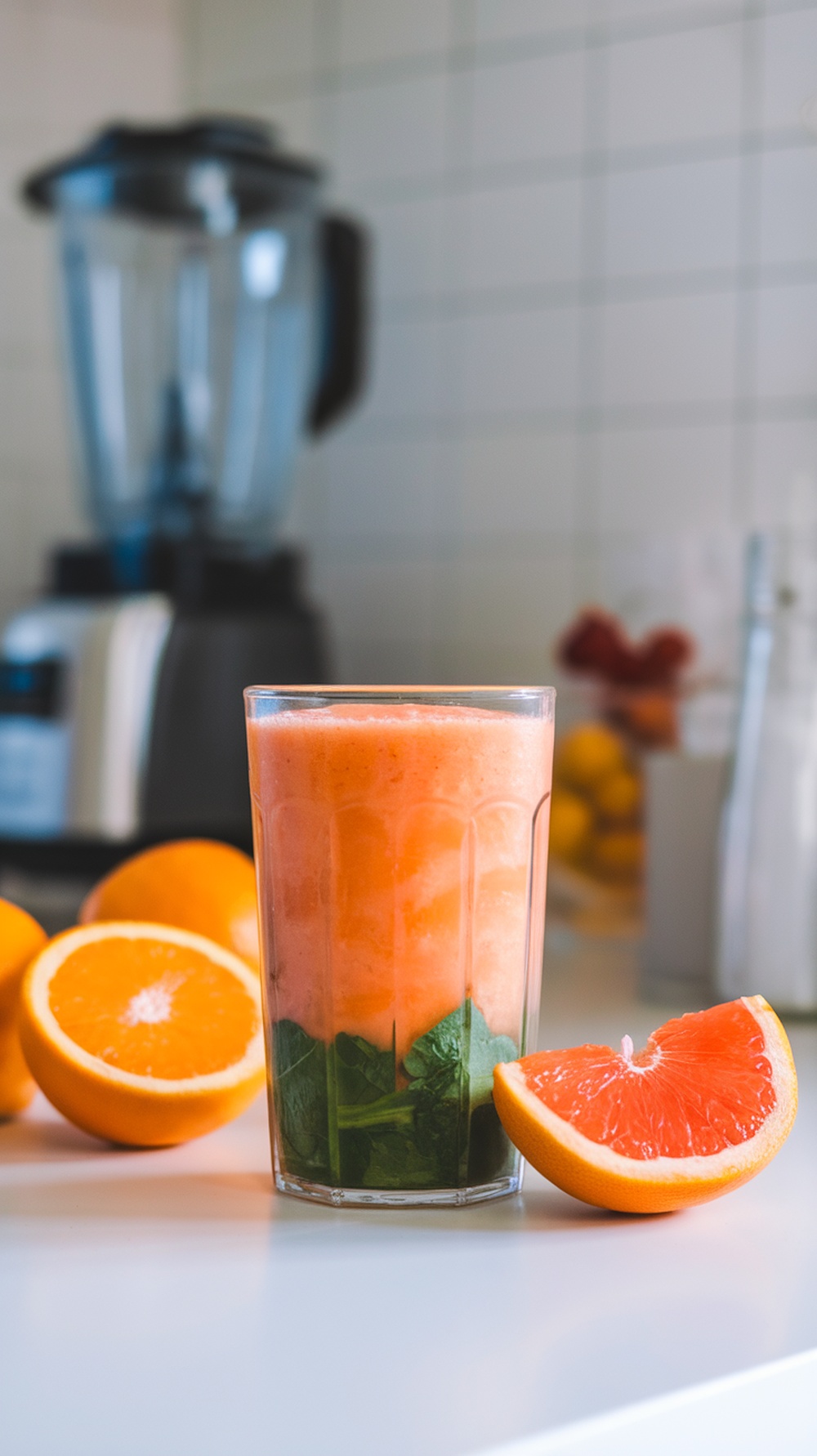 A refreshing citrus smoothie in a glass with oranges and grapefruits nearby.