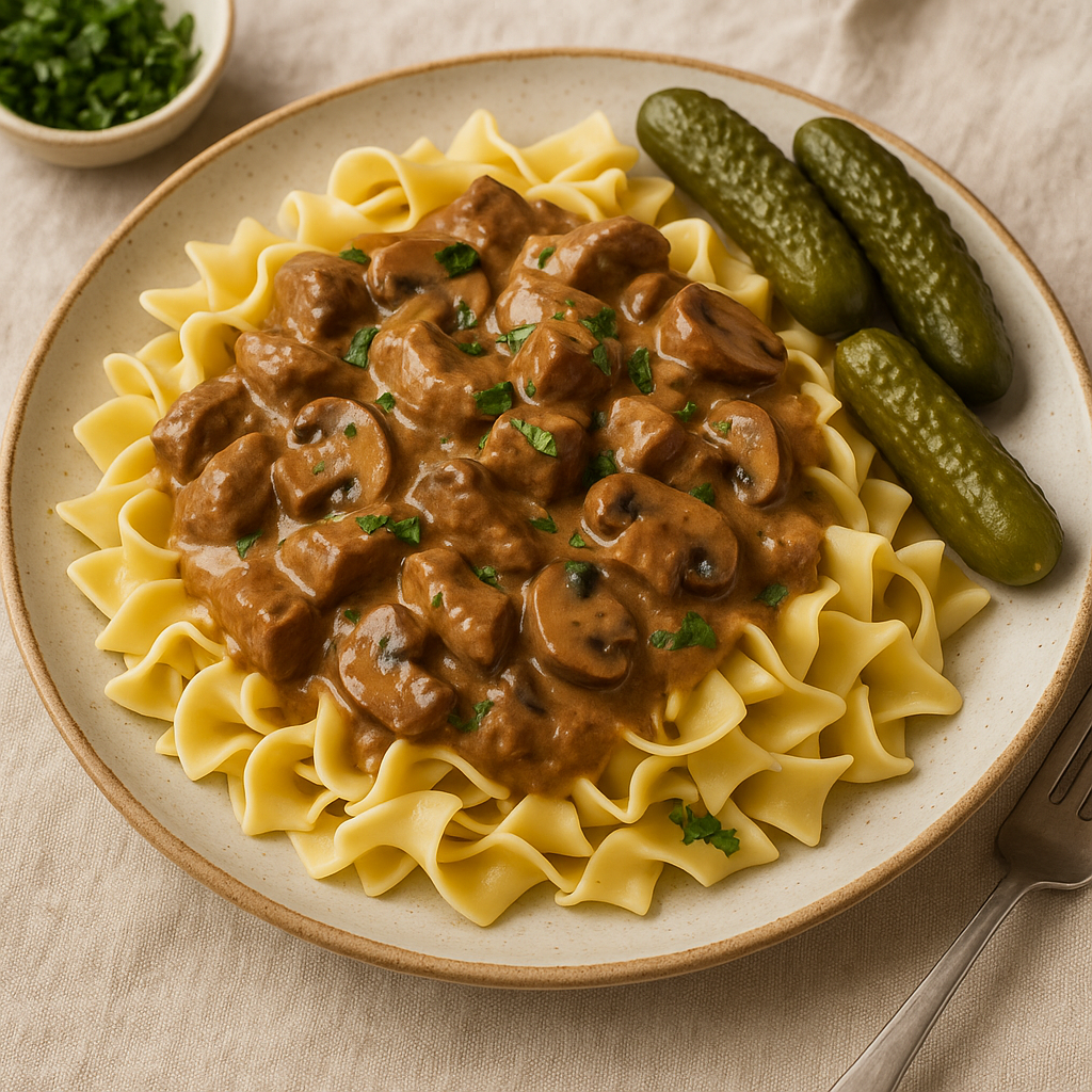 A plate of beef stroganoff served over egg noodles with pickles on the side.