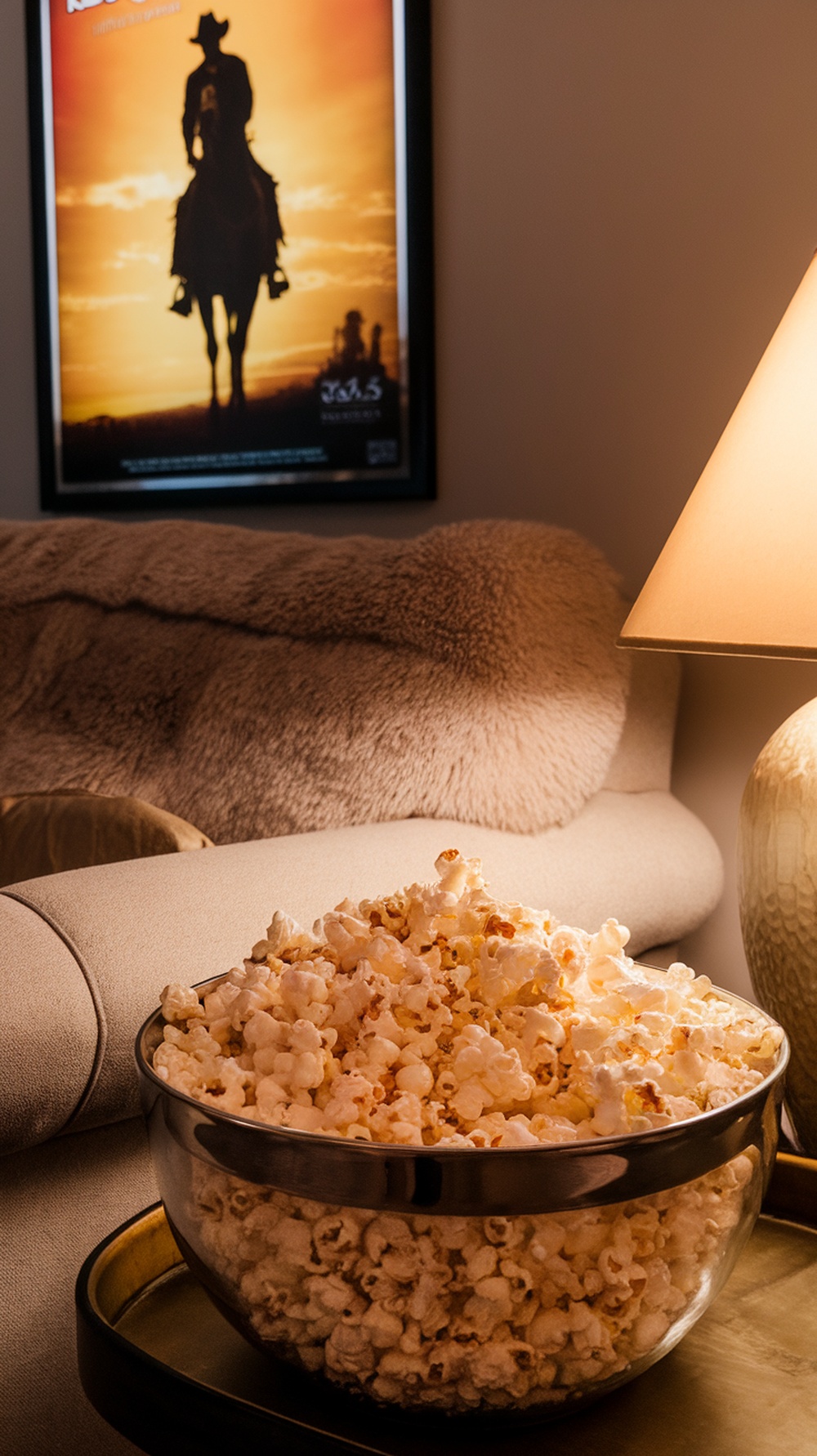 A bowl of popcorn on a table next to a lamp and a movie poster in the background.