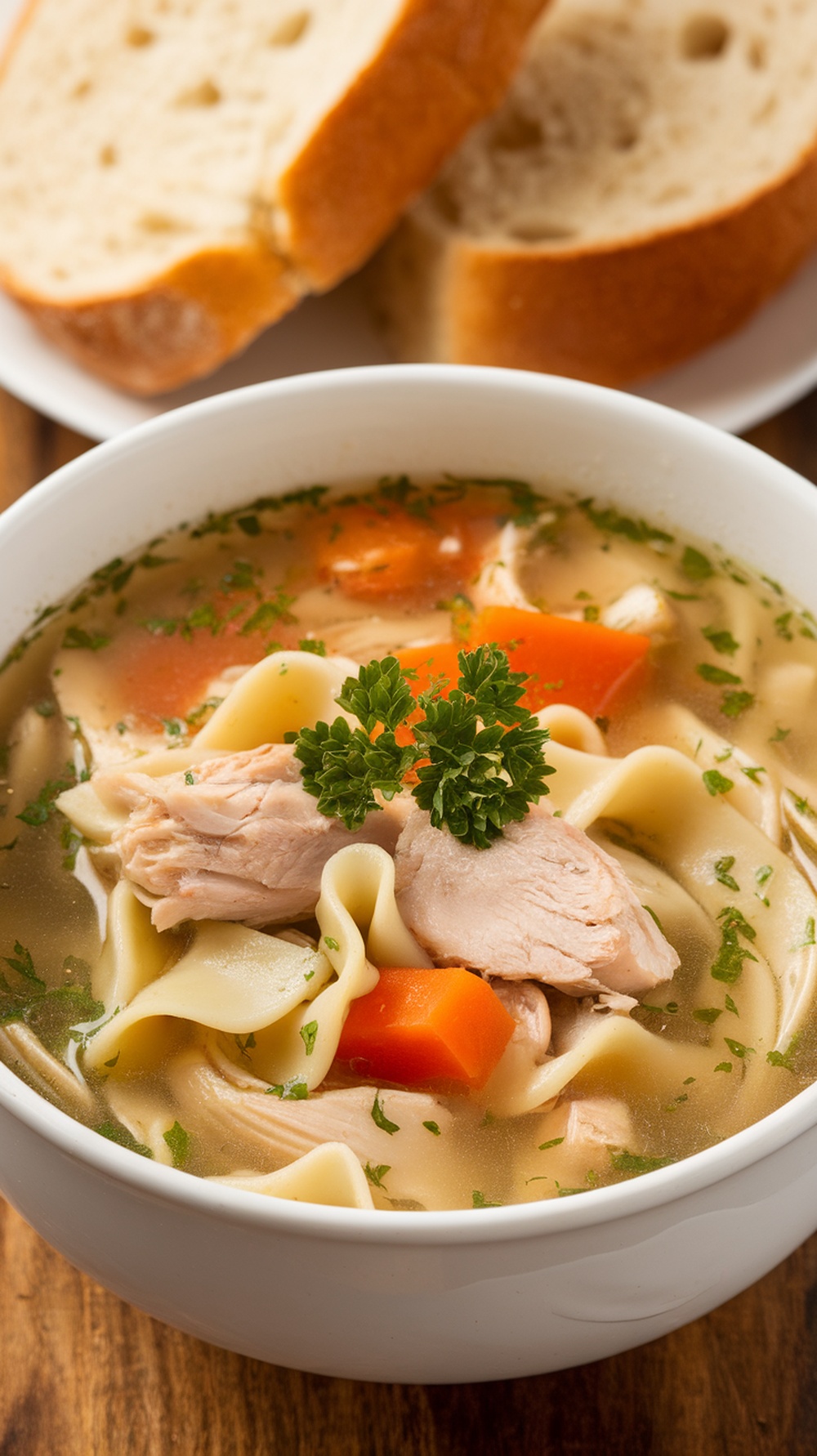 A bowl of classic chicken noodle soup with chicken, carrots, and noodles, served with slices of bread.