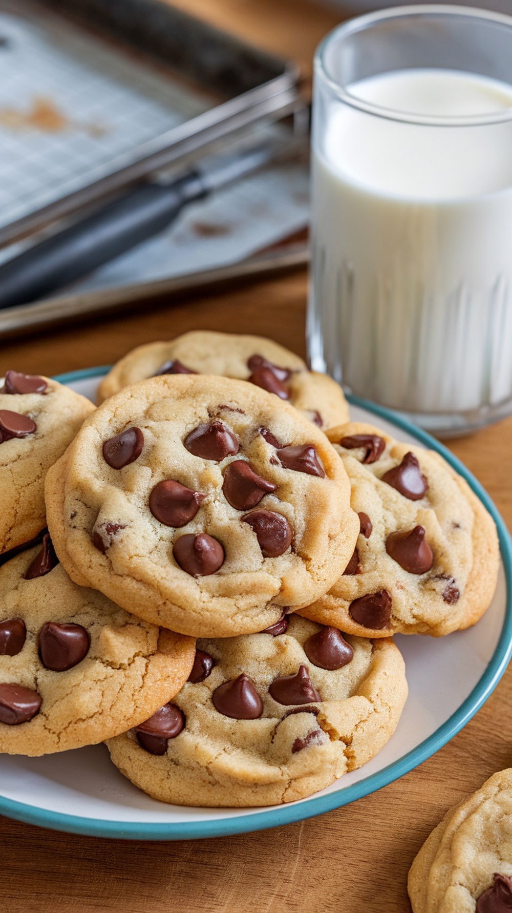 A plate of freshly baked chocolate chip cookies with a glass of milk