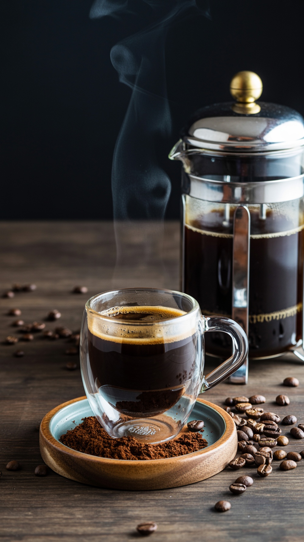 A steaming cup of French press coffee with coffee beans and a French press in the background.