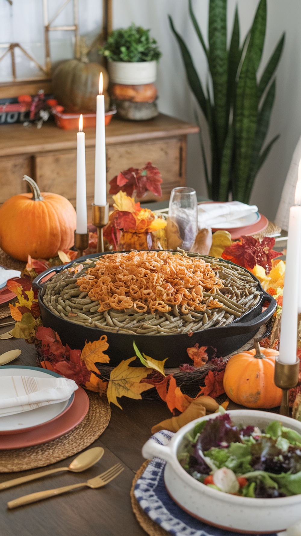 A festive table setting featuring a green bean casserole topped with crispy onions, surrounded by autumn decorations.