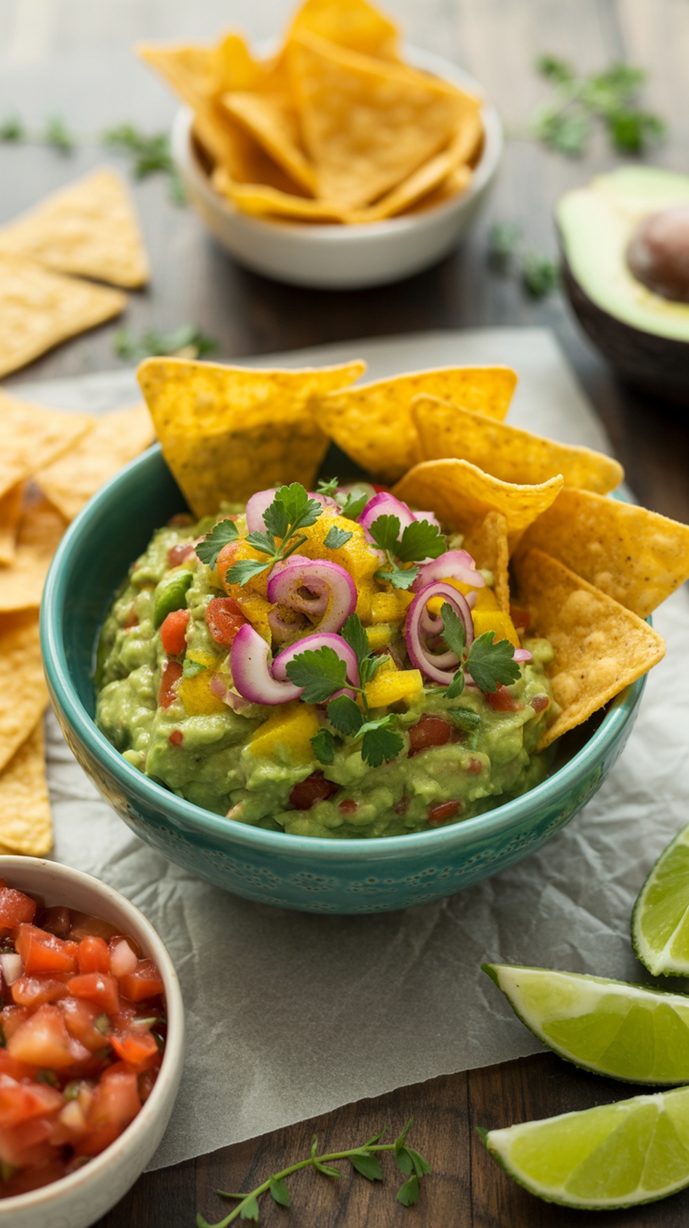 Bowl of guacamole with tortilla chips and fresh ingredients