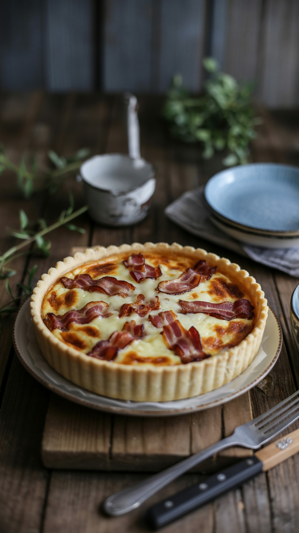 A Classic Lorraine Quiche made with bacon and Gruyère cheese, beautifully baked in a fluted pie crust.