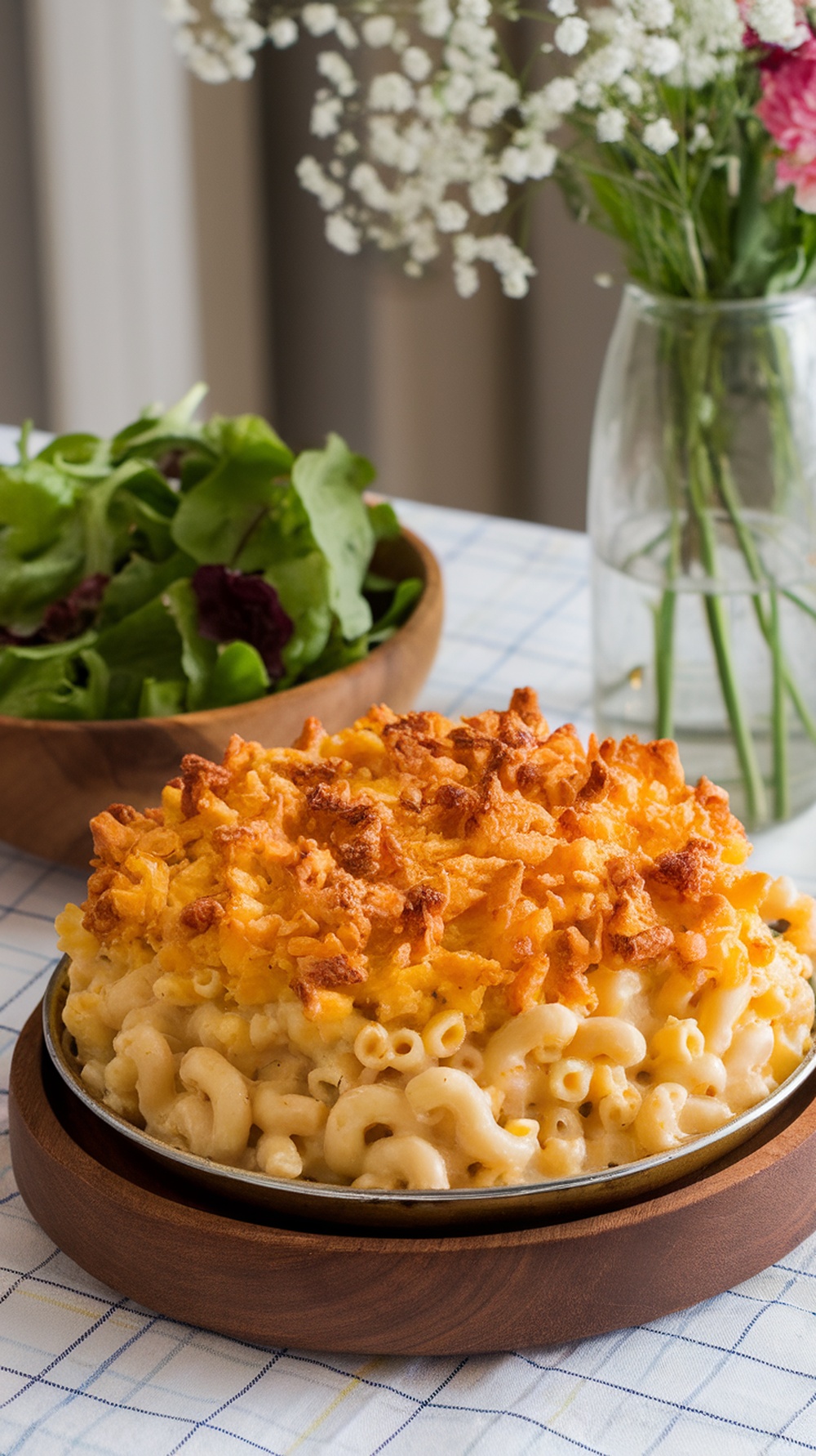 A delicious serving of classic mac and cheese topped with a crunchy layer, served with a side salad.