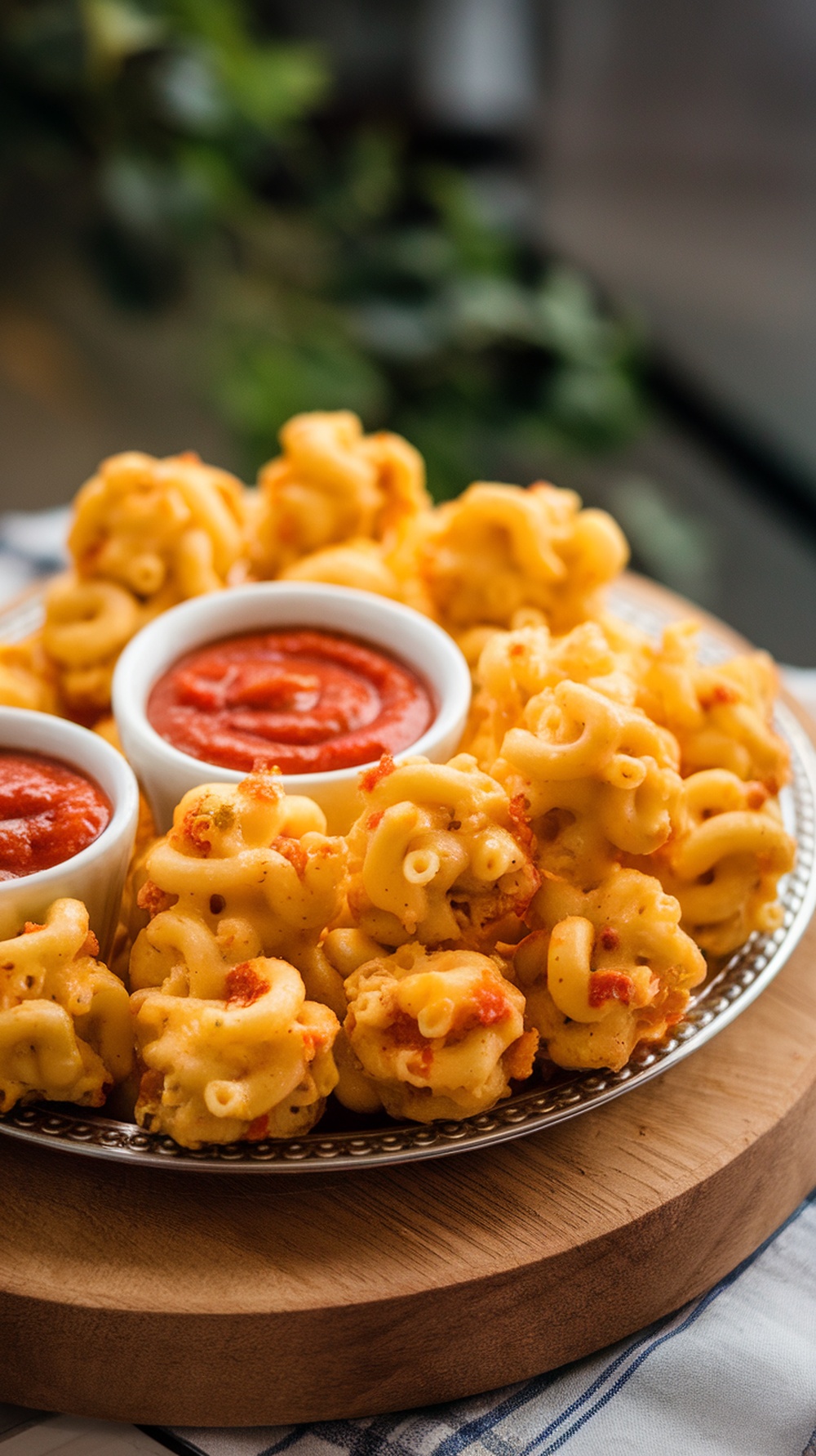 Plate of baked macaroni and cheese bites served with marinara sauce