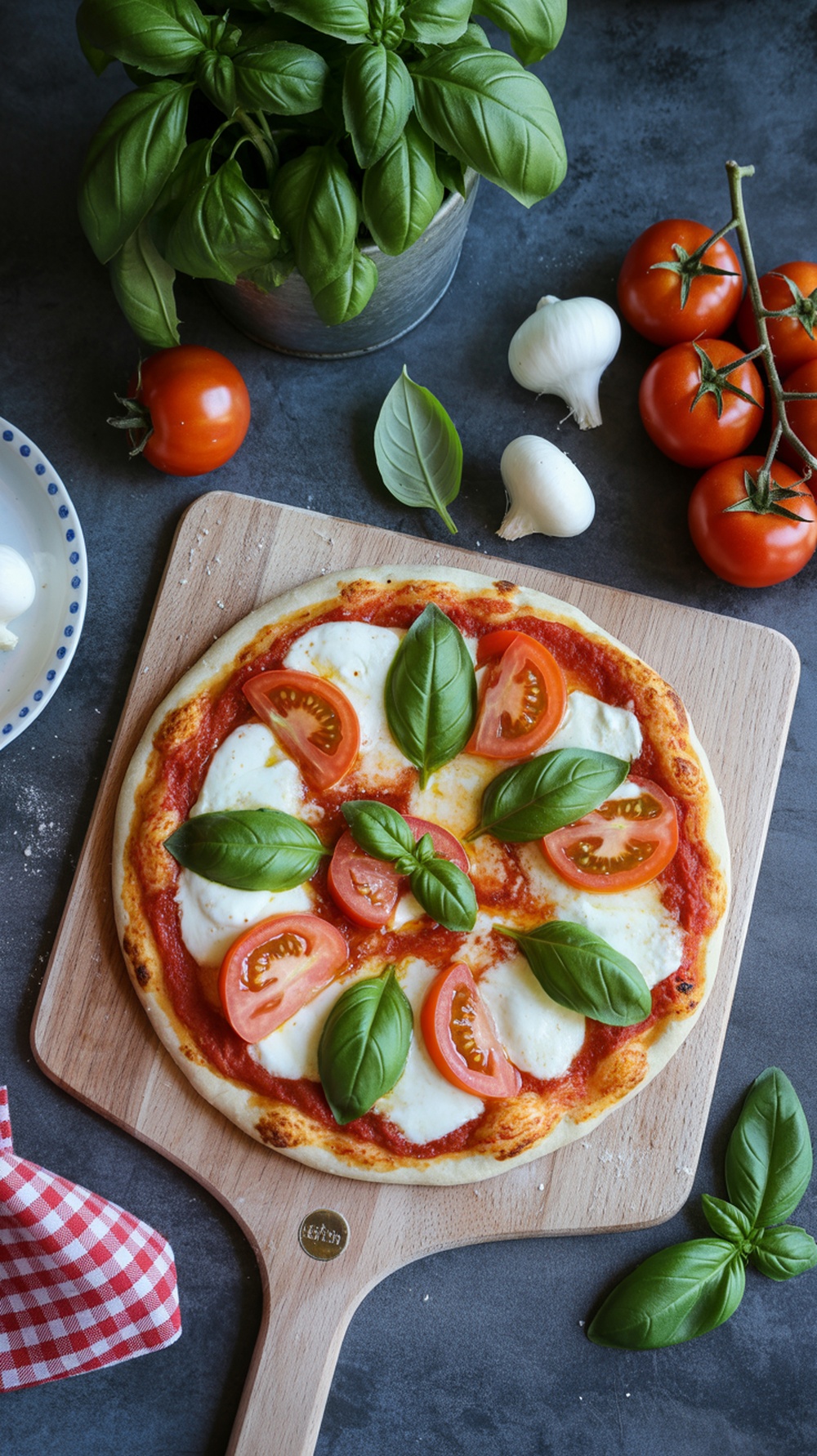 A delicious homemade margherita pizza topped with fresh tomatoes and basil leaves.