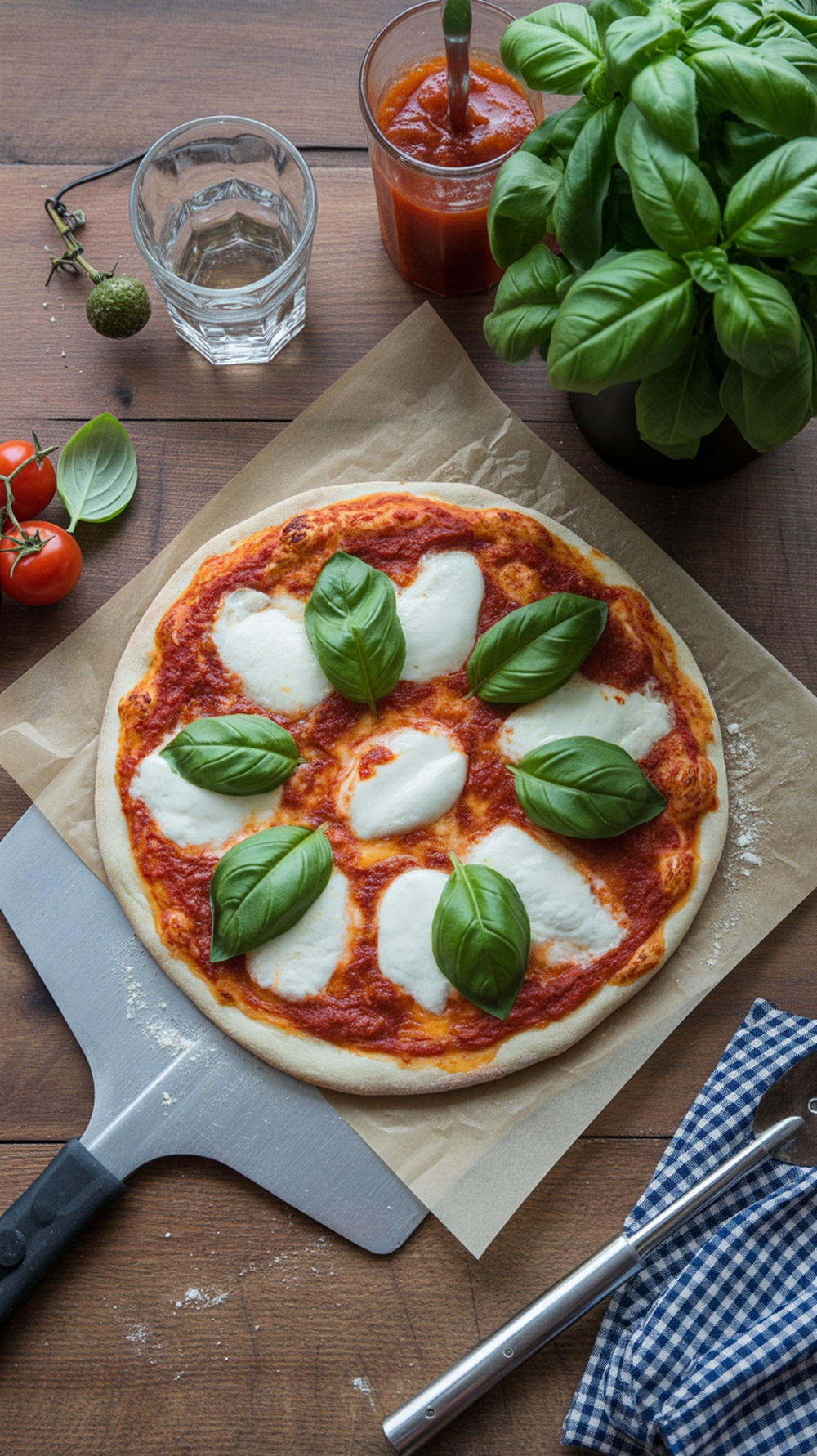 A freshly prepared classic Margherita pizza topped with basil leaves, mozzarella, and tomato sauce on a wooden surface.