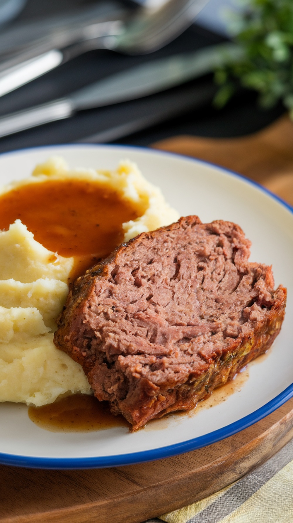 A plate of classic meatloaf with mashed potatoes and gravy.