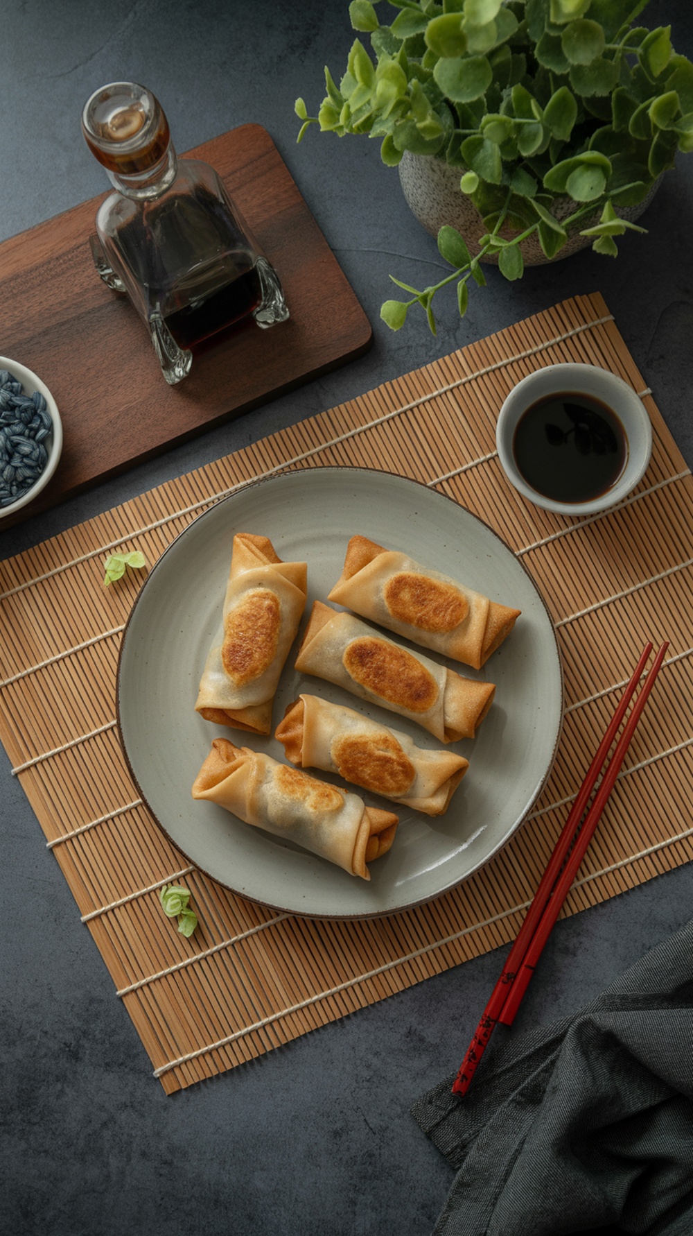 A plate of classic pork eggrolls served with dipping sauce and chopsticks.