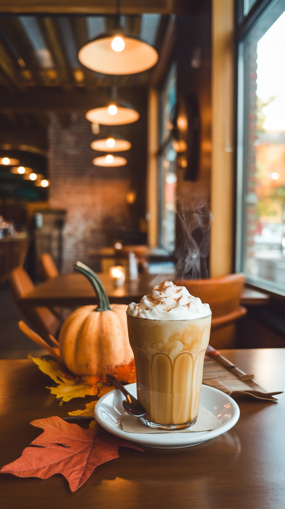 A steaming cup of pumpkin spice latte with whipped cream, garnished with spices, and a small pumpkin beside it.